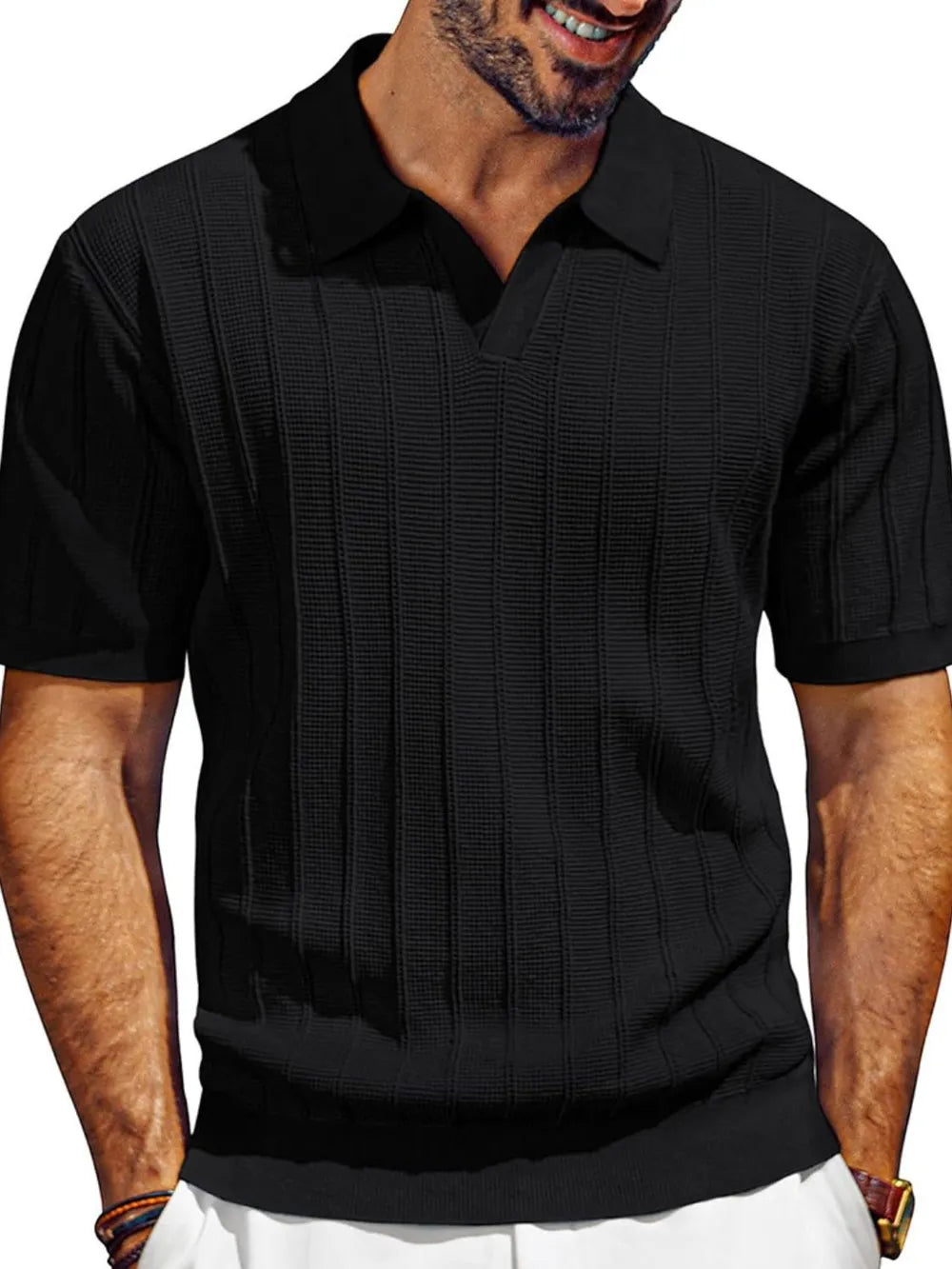 Men's Plus Size Short Sleeve Polo with Textured Collared Neck in black color - made of 100% polyester with a slightly stretchy fit, perfect for casual and semi-formal occasions.