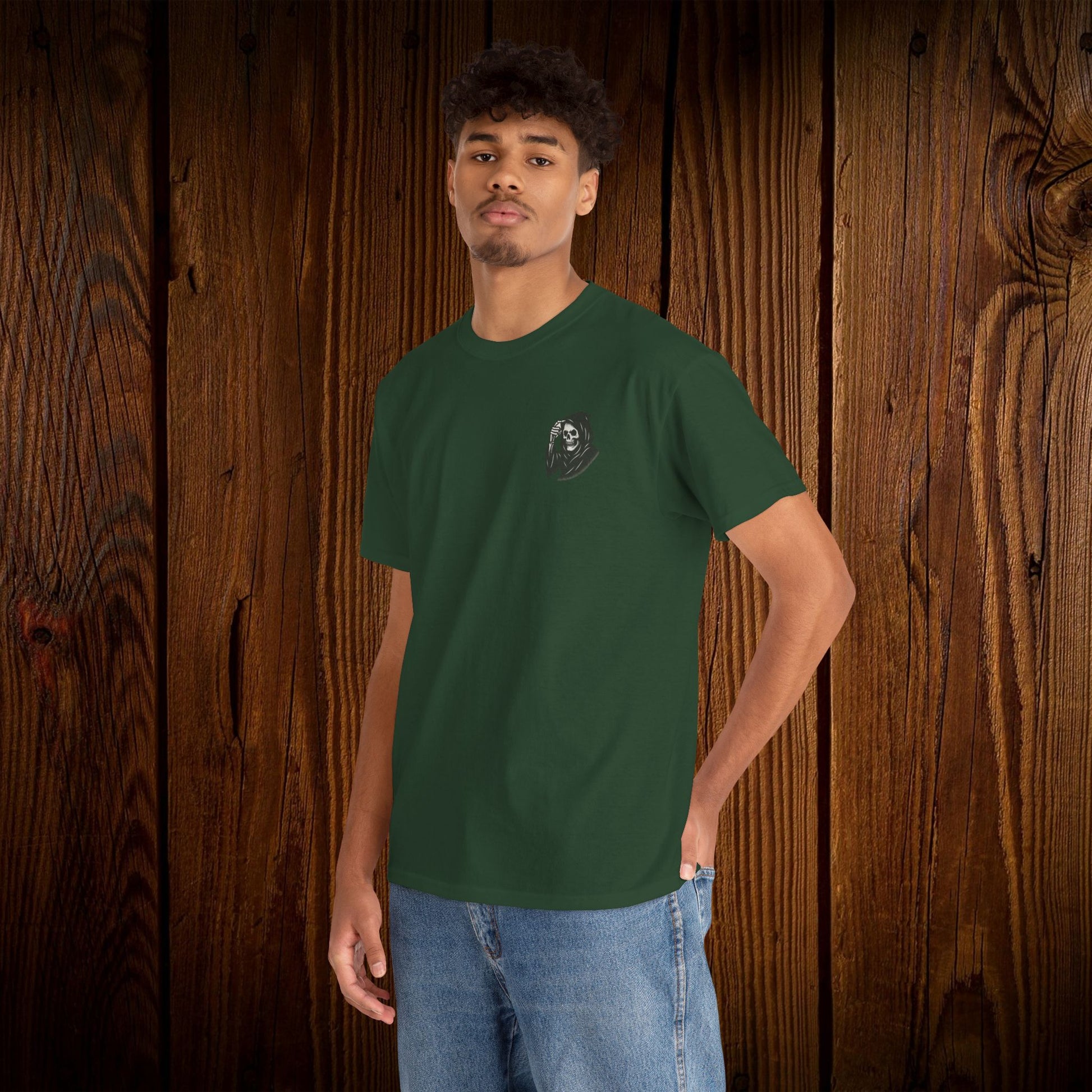 Model wearing Spooky Halloween Graphic Tee in green color - Unisex cotton shirt with a unique ghosts print, perfect for casual Halloween celebrations.