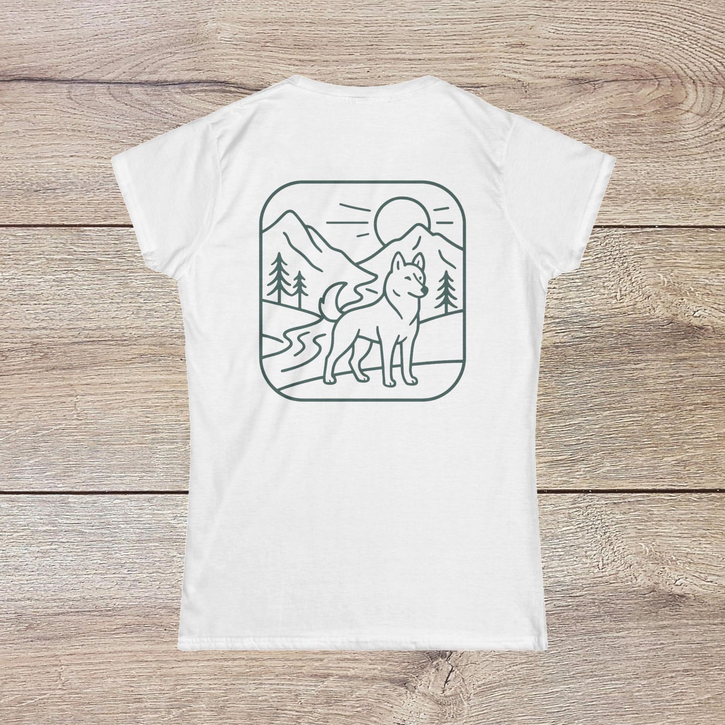 Eco-Friendly Dog T-Shirt - Adventure Spirit, showcasing a back view graphic of a dog against a mountain landscape, ideal for outdoor enthusiasts.