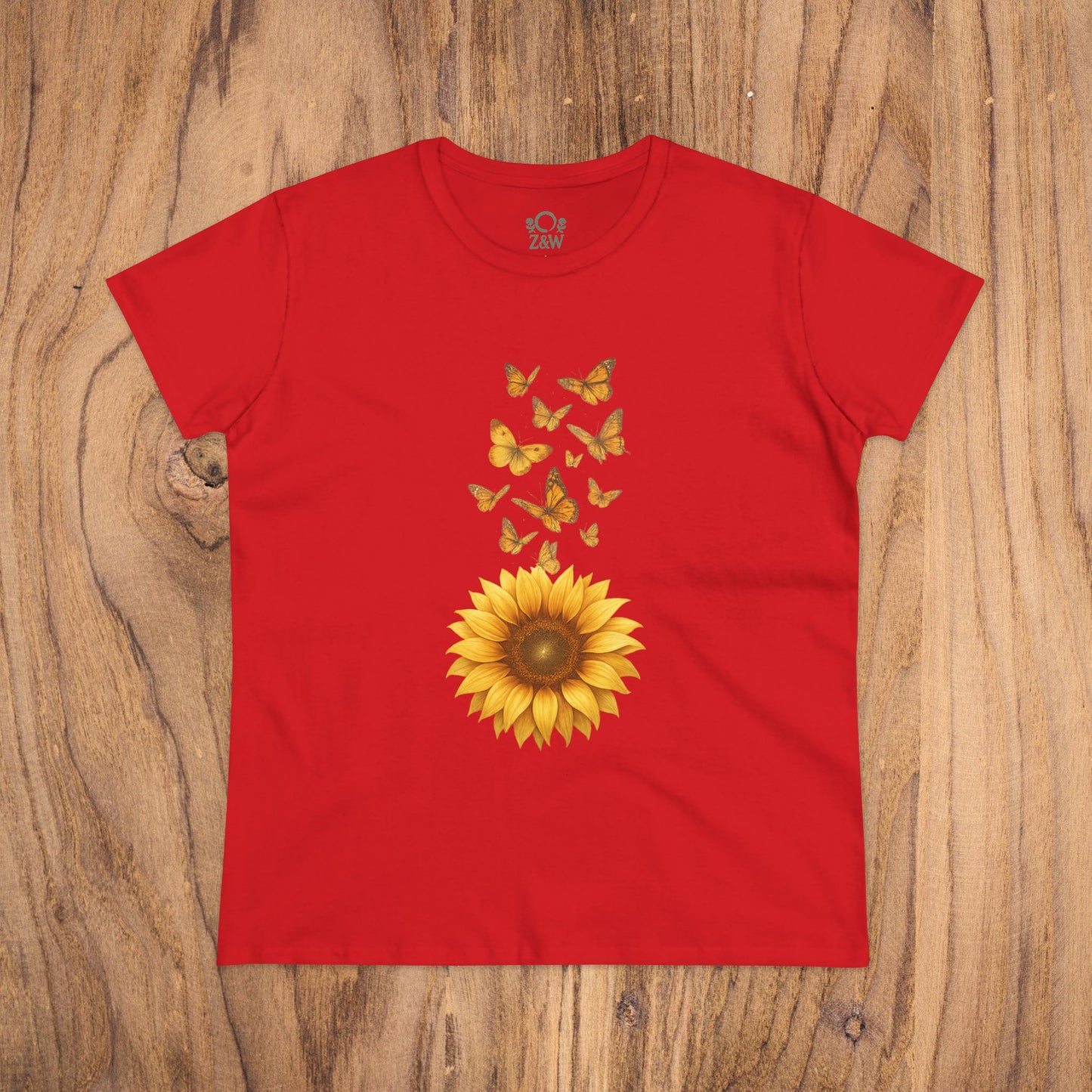 Sunflower & Butterflies Cotton Tee for Women in bold red, showcasing an artistic sunflower and butterflies graphic, crafted from 100% soft cotton for a durable and comfortable wear.
