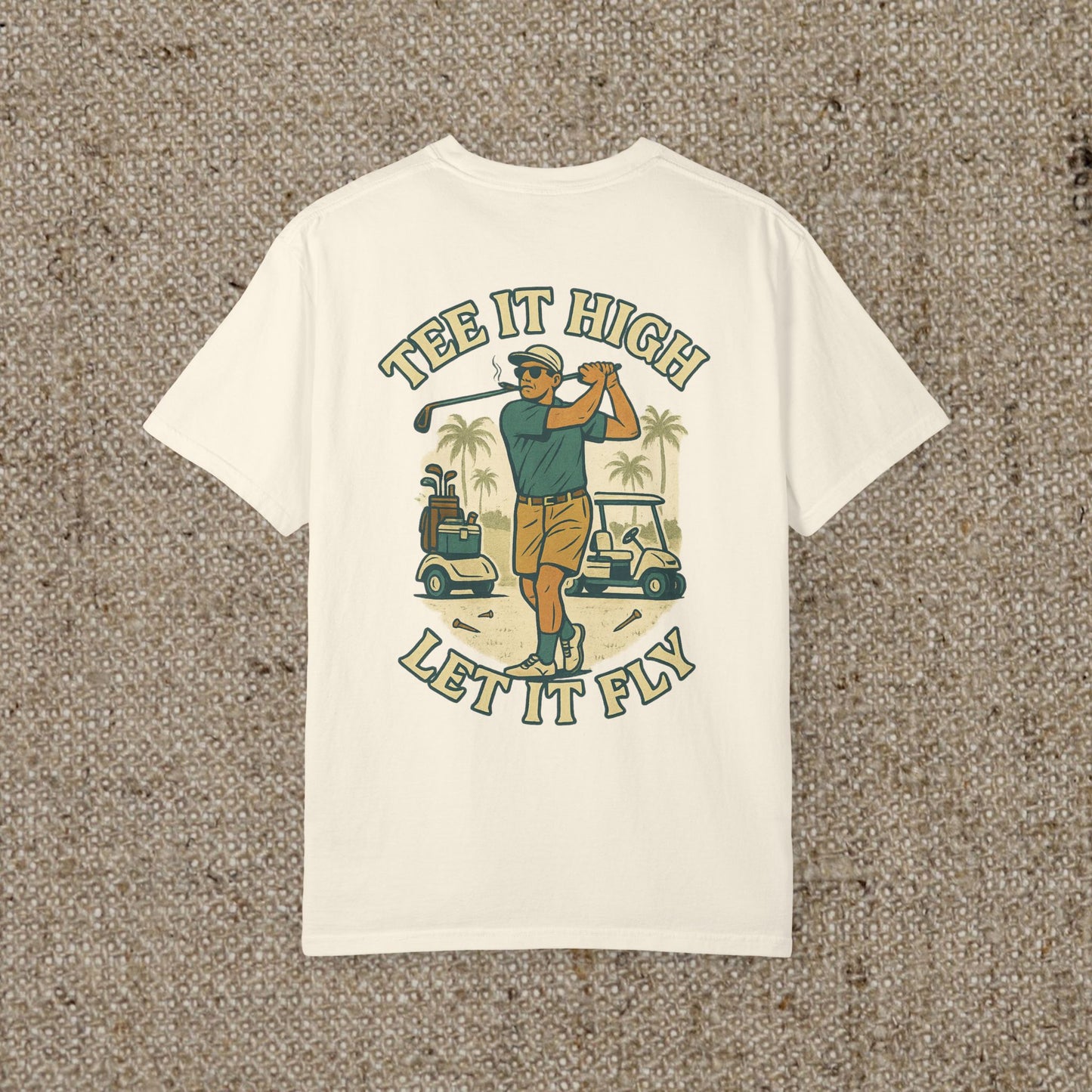White version of the Tee It High Let It Fly Graphic Tee displaying a golfer and the phrase 'Let it Fly', ideal for a fresh and stylish look.
