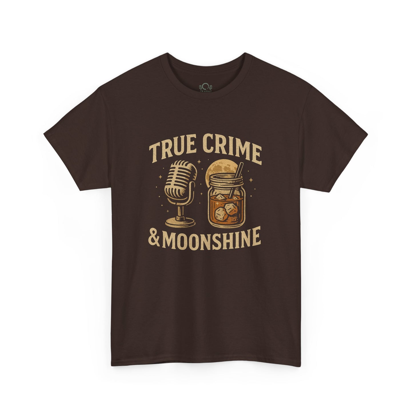 Front view of the True Crime & Moonshine Unisex Graphic Tee featuring stylish graphics of a microphone and a moonshine jar, ideal for true crime lovers.