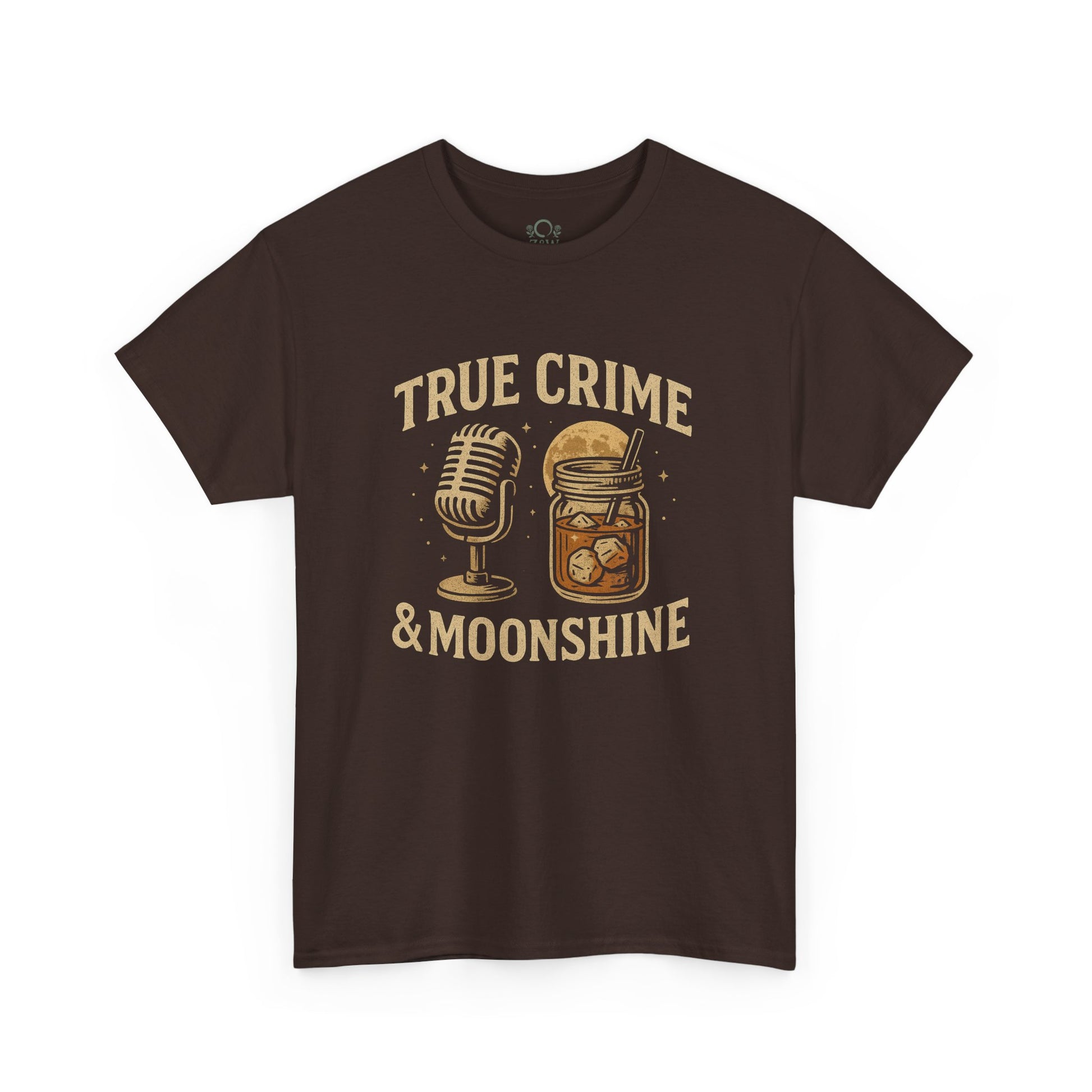 Front view of the True Crime & Moonshine Unisex Graphic Tee featuring stylish graphics of a microphone and a moonshine jar, ideal for true crime lovers.