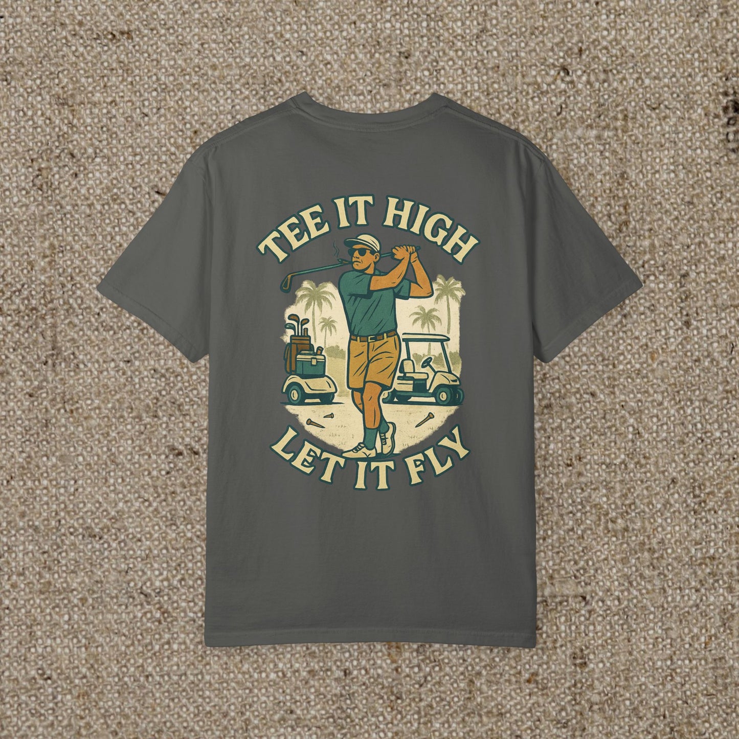 Dark gray Tee It High Let It Fly Graphic Tee, featuring a sporty golf design on the back, perfect for men who enjoy golf and want a stylish yet comfortable outfit.