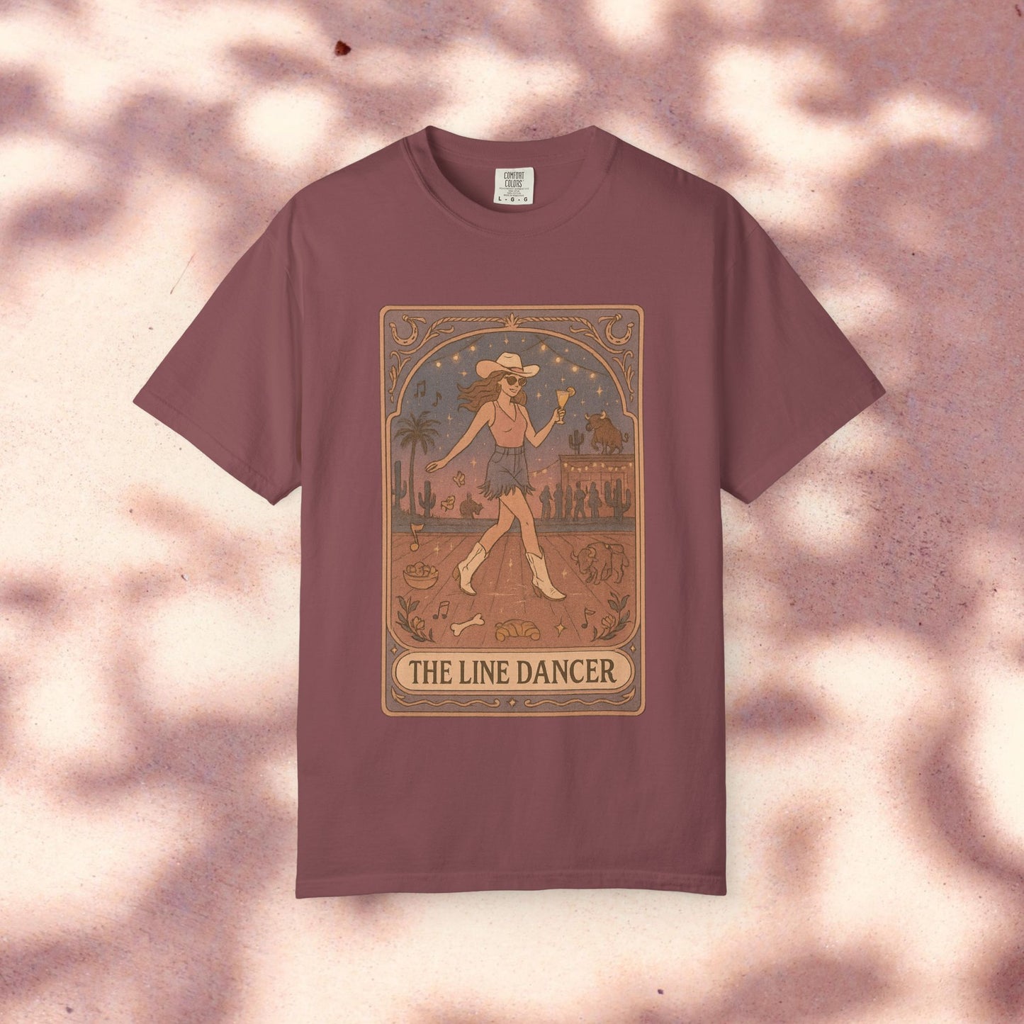 Line Dancer Tarot Tee in maroon, showcasing the unique cowboy design, perfectly made from soft cotton, available in a wide range of sizes from S to 4XL.
