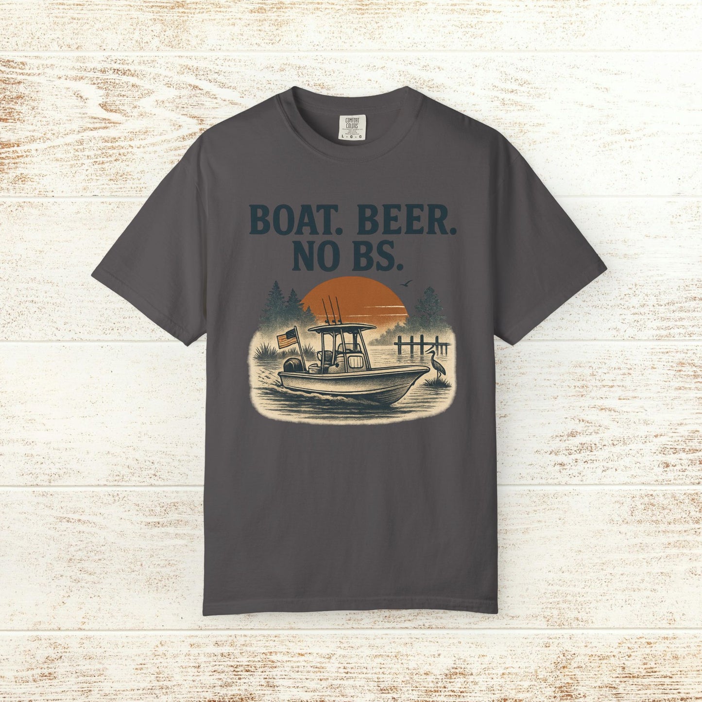 Boat Beer No BS Tee in dark gray color featuring a boat silhouette against a sunset background. Perfect for casual outings and boat enthusiasts.