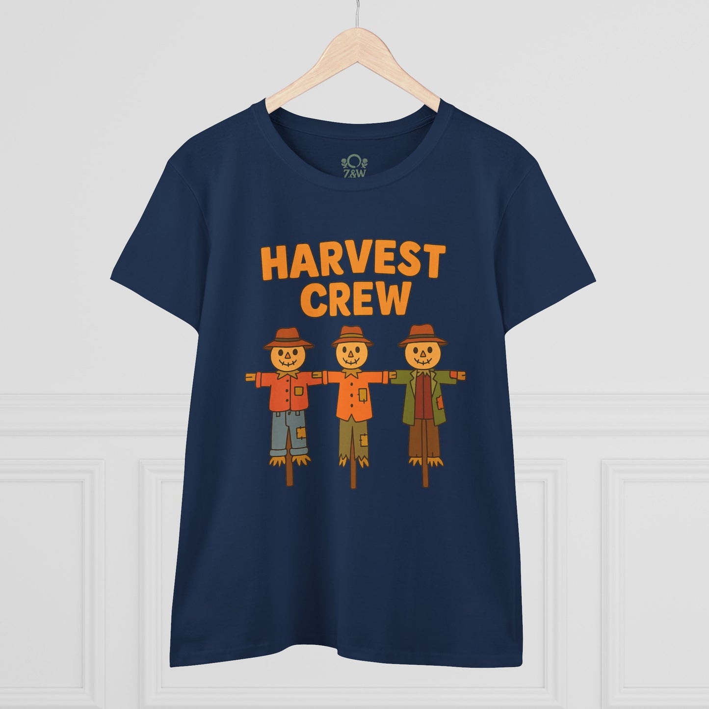 Navy Harvest Crew Halloween T-Shirt adorned with whimsical scarecrow illustrations, made from eco-friendly 100% ring-spun cotton, perfect for Halloween celebrations.