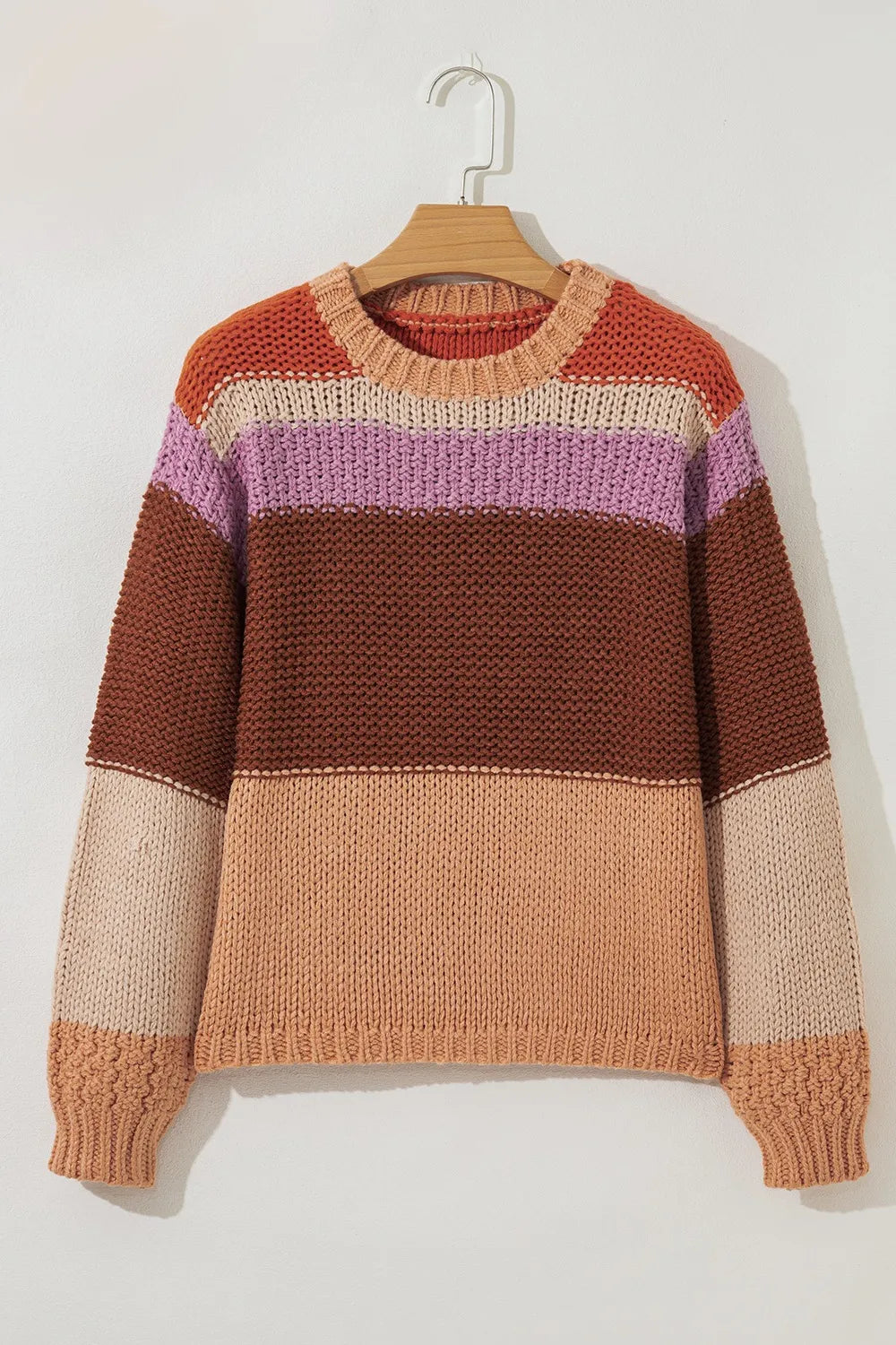 Stylish Colorblock Striped Sweater with Round Neck - A flat lay of the multicolor striped sweater, featuring soft, knitted texture and round neck design.