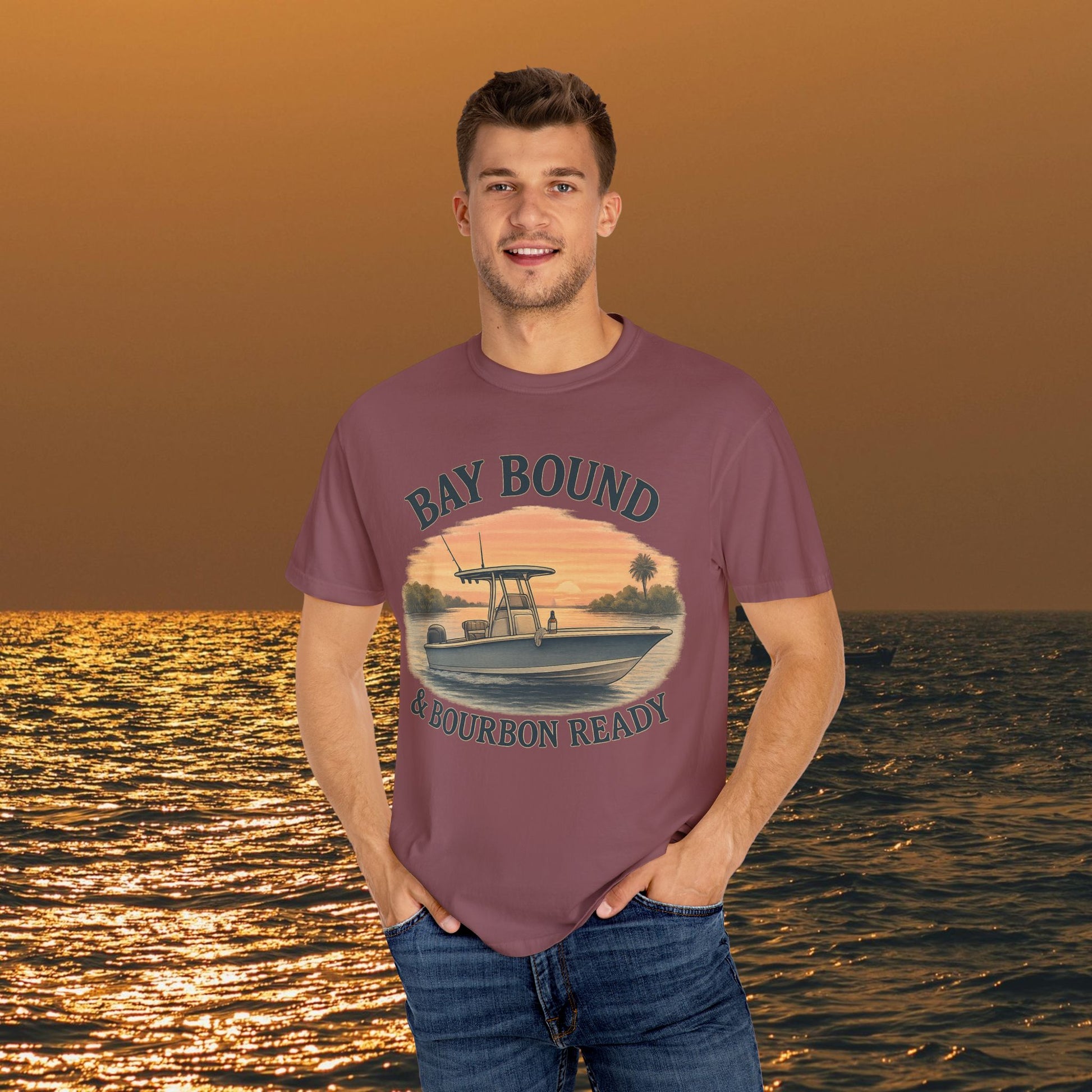 Model wearing the Boating T-Shirt For Summer, featuring 'BAY BOUND & Bourbon Ready' graphic, perfect for outdoor adventures at the beach.