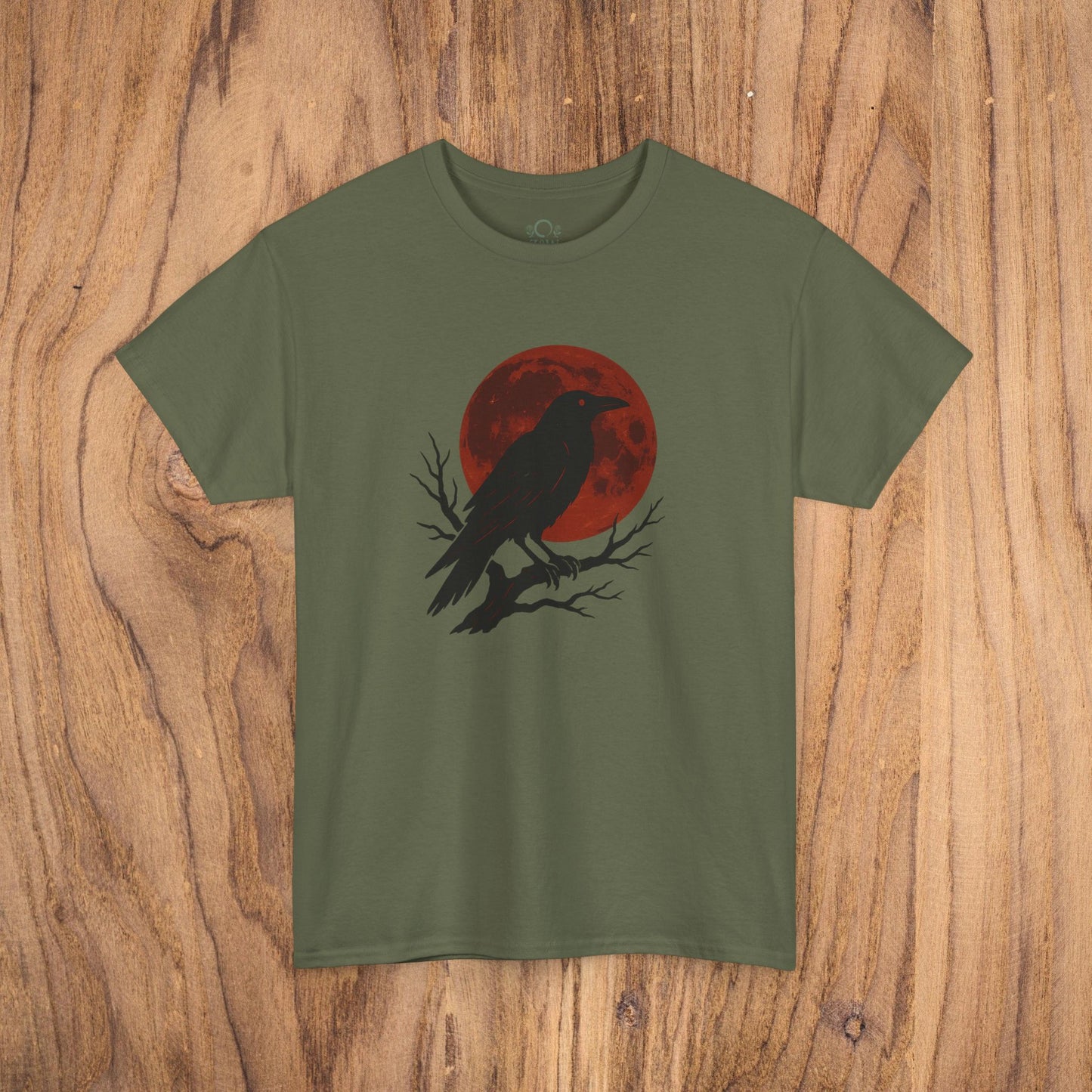 Gothic Raven T-Shirt in olive green, featuring a silhouette of a raven against a red moon, perfect for Halloween and casual fall fashion.