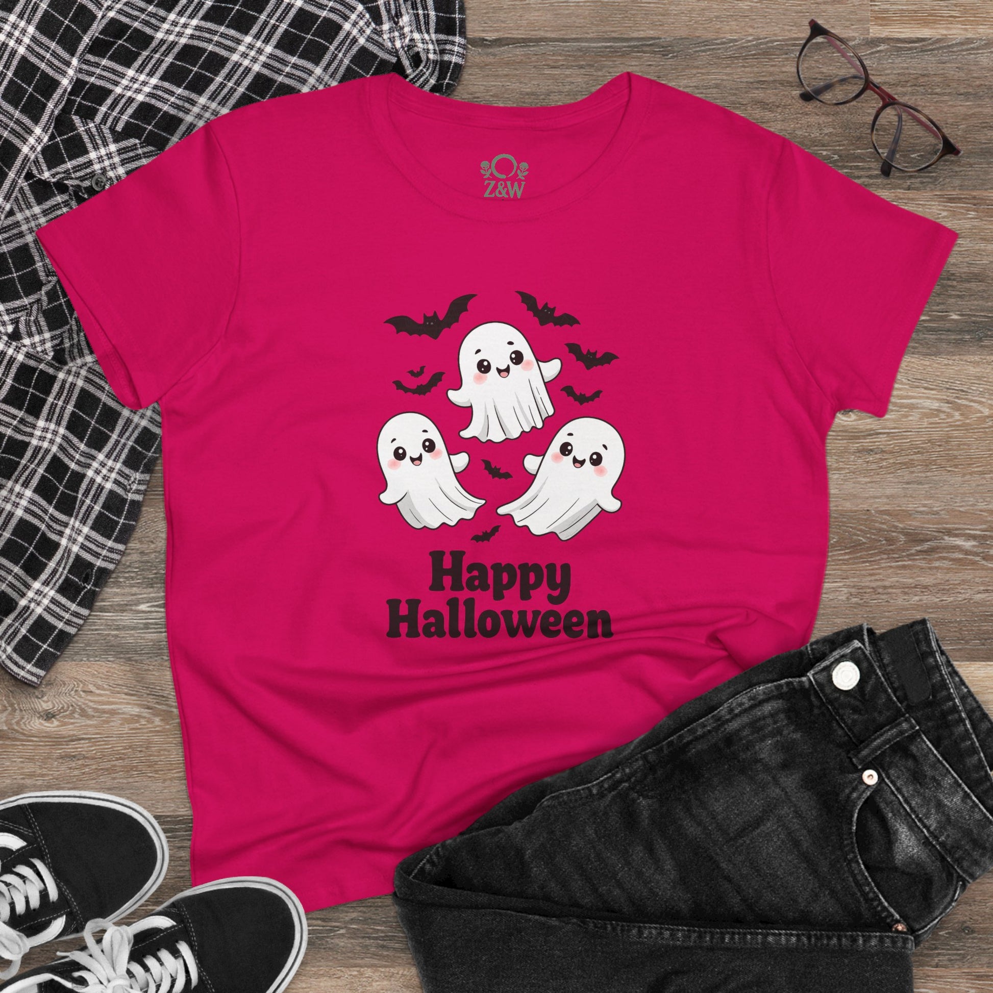Stylish Cute Halloween Ghost T-Shirt for Kids & Adults displayed with casual outfit, showcasing its fun ghost print and Halloween spirit.