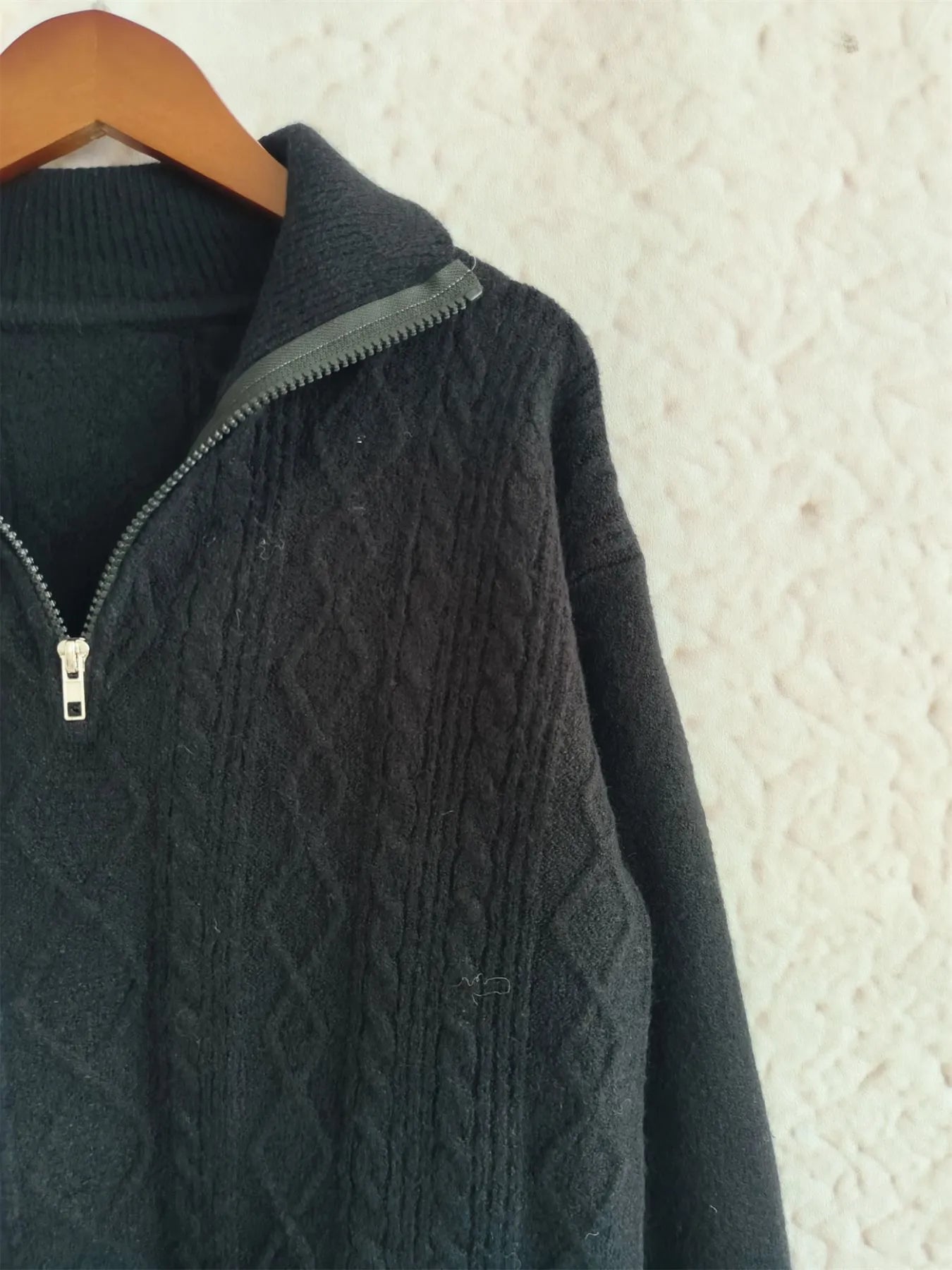 Cozy Cable-Knit Texture Zip Collar Long Sleeve Sweater featuring a stylish zip collar and intricate cable-knit design, made from 100% polyester with slight stretch.