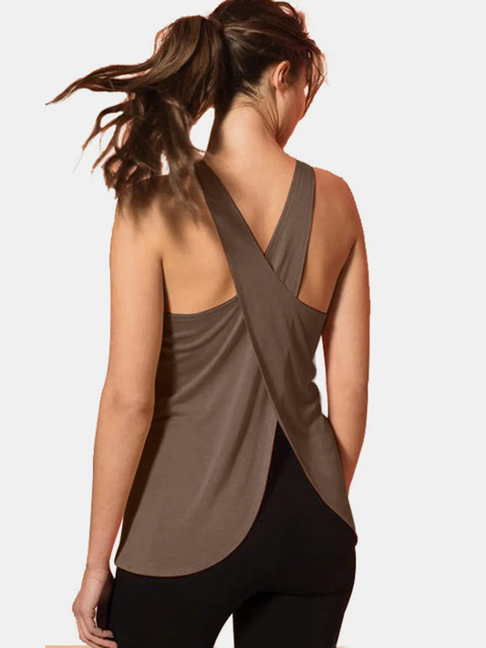 Crisscross Scoop Neck Tank Top for Active Wear displayed from the back, showcasing the stylish cross-back design and modern cut, perfect for fitness and active lifestyles.