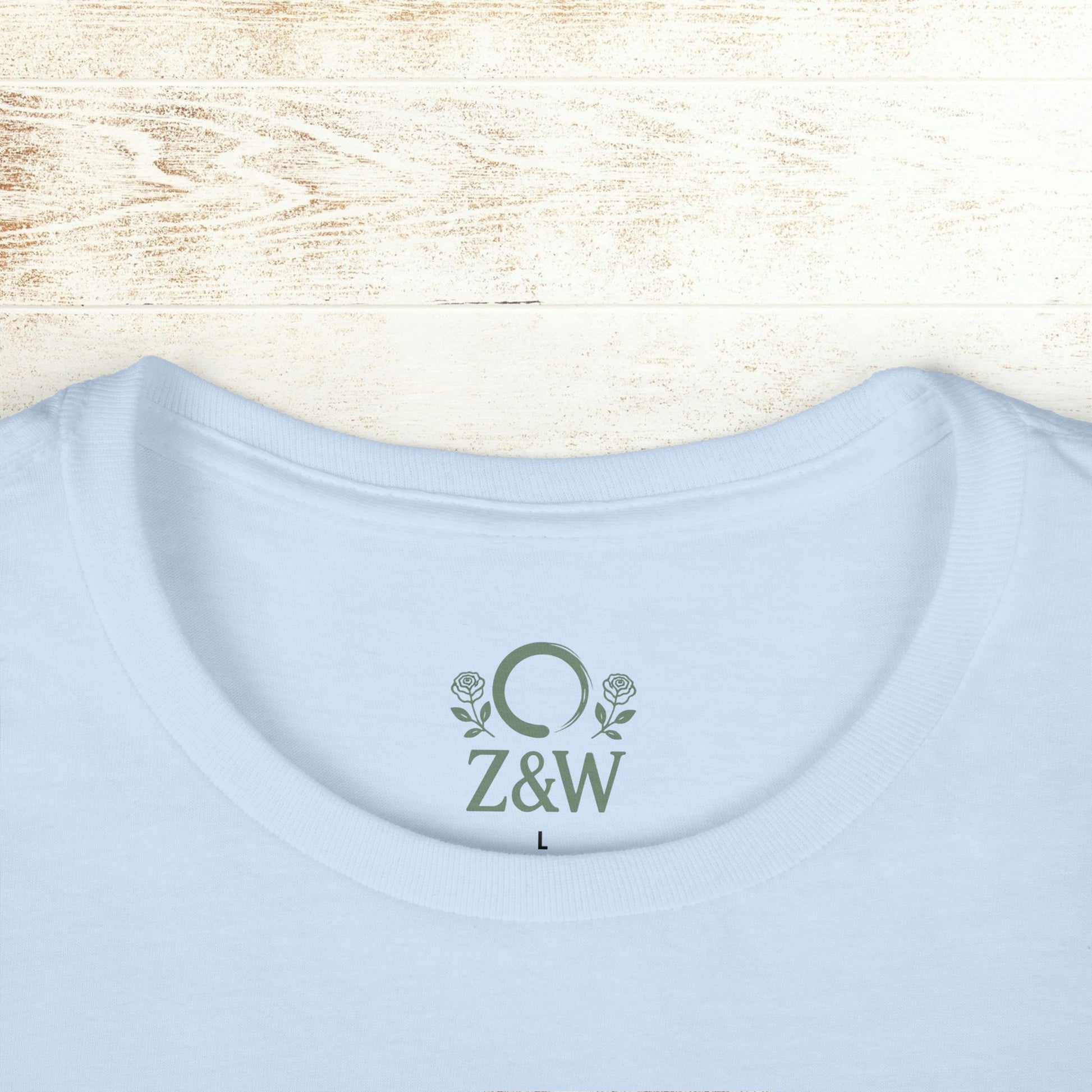 No Bad Vibes Tee - Close-up of the back neck tag design featuring Z&W logo on a light blue soft ring-spun cotton tee.