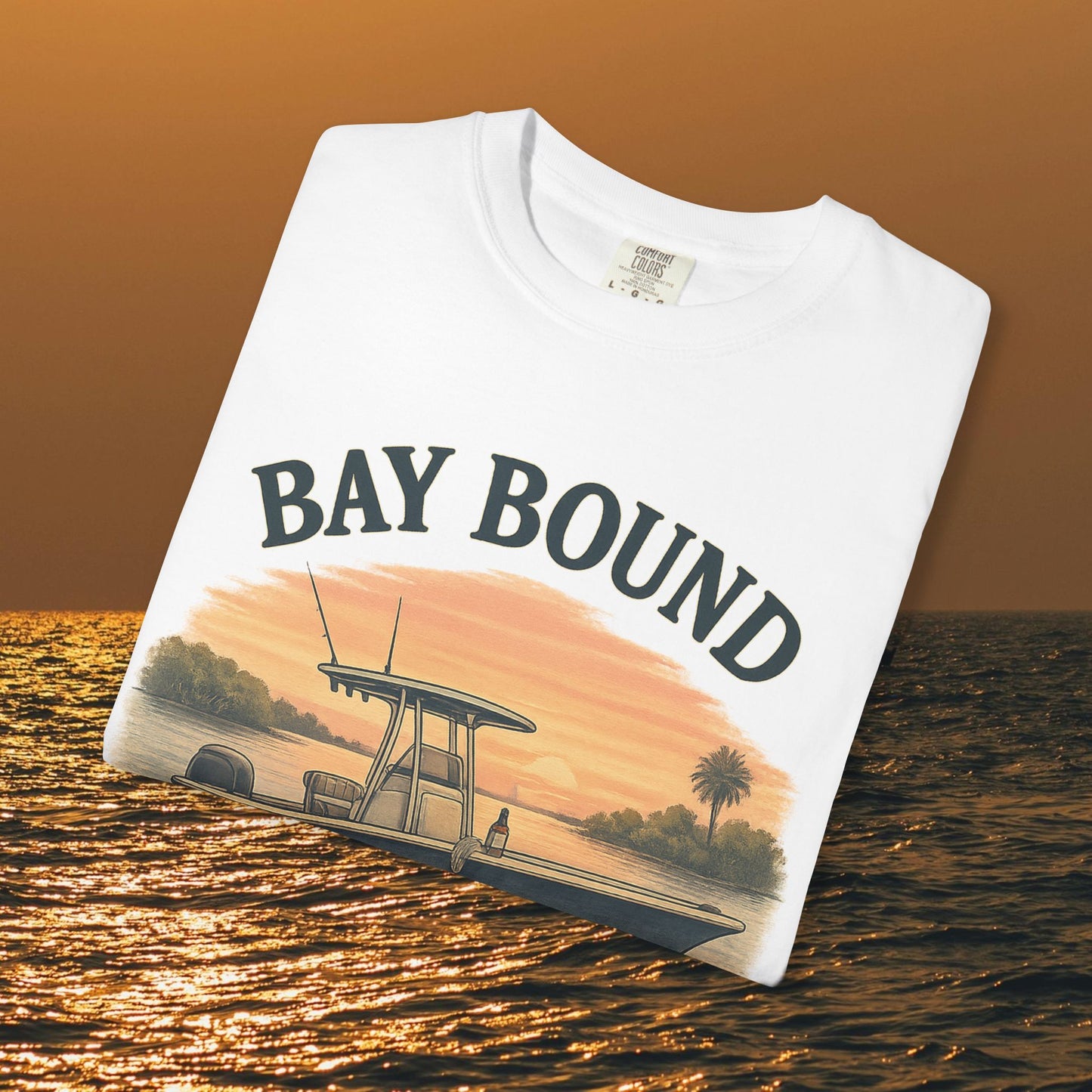 Boating T-Shirt For Summer showcasing 'BAY BOUND' graphic, perfect for fishing and beach lovers - soft cotton casual tee for outdoor adventures.