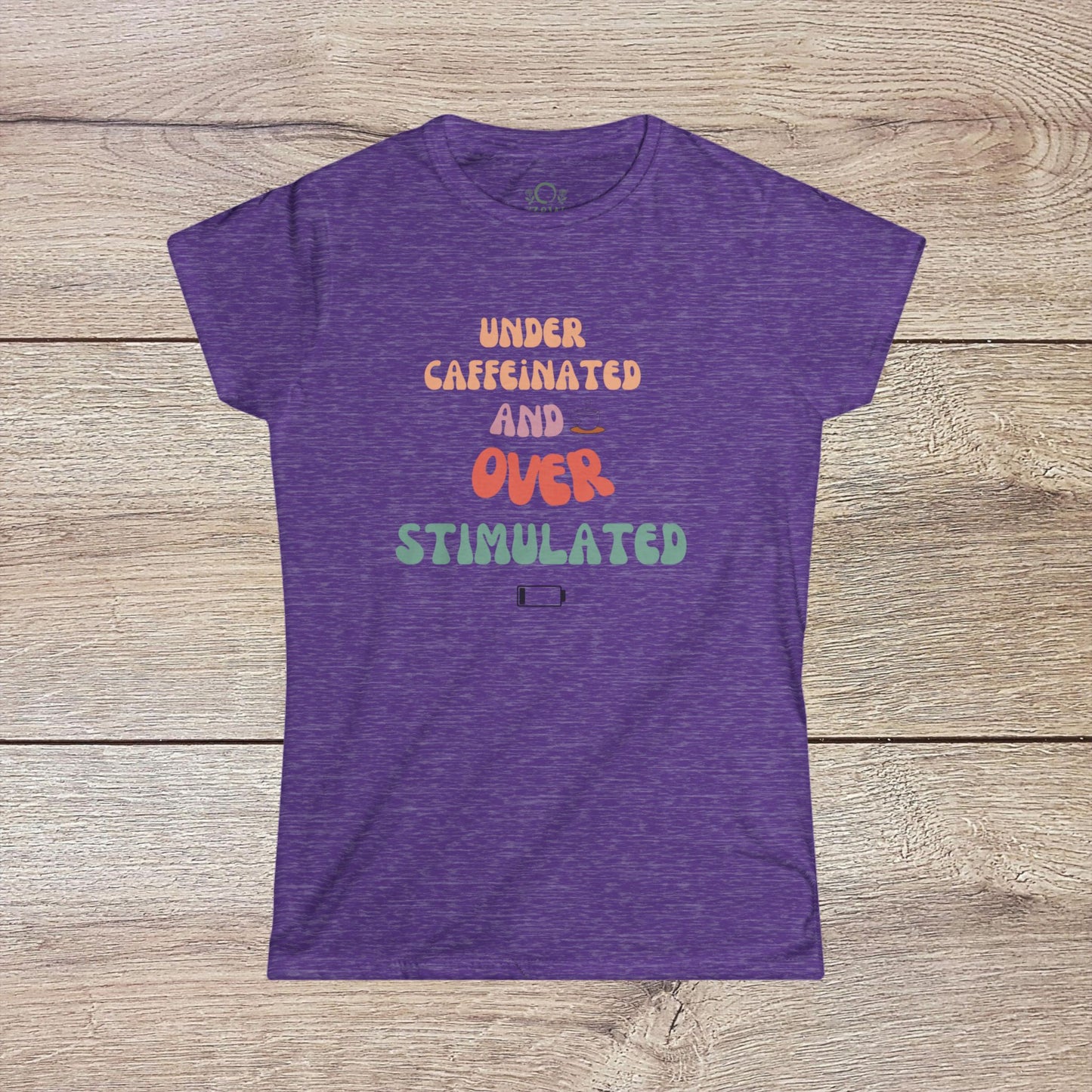 Purple Under-Caffeinated Over-Stimulated Hoodie featuring fun typography, perfect for casual wear.