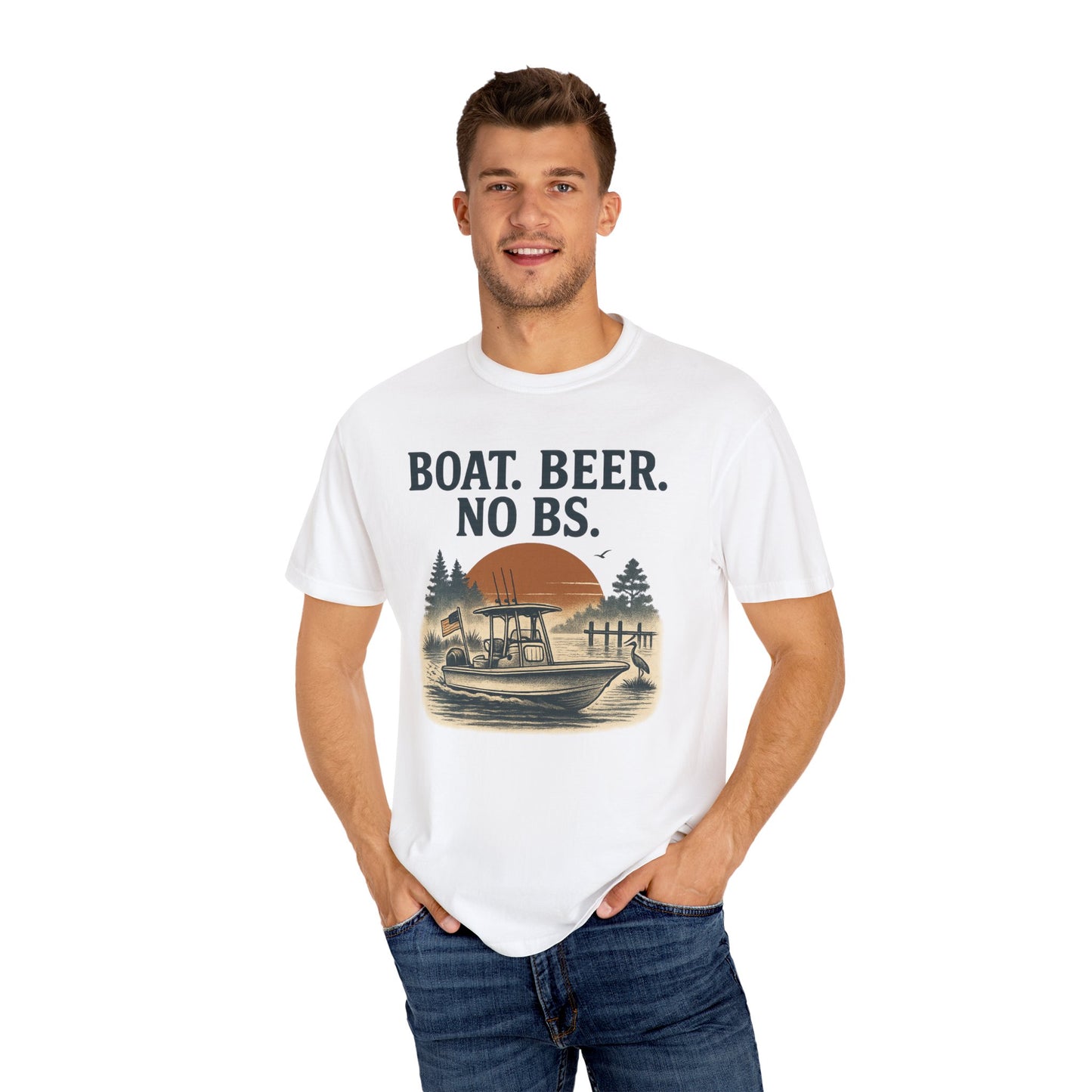 Man wearing the Boat Beer No BS Tee in white, showcasing a relaxed fit with a scenic design and boat imagery.