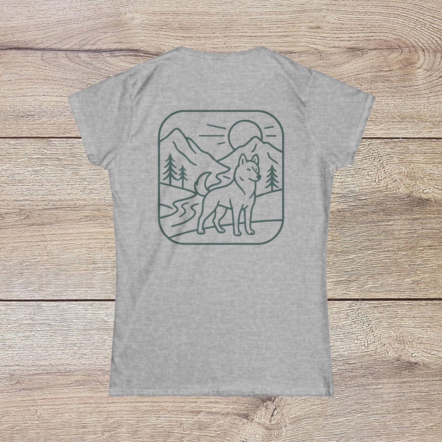 Eco-Friendly Dog T-Shirt - Adventure Spirit showcasing a gray back view with a scenic mountain design and a dog silhouette.