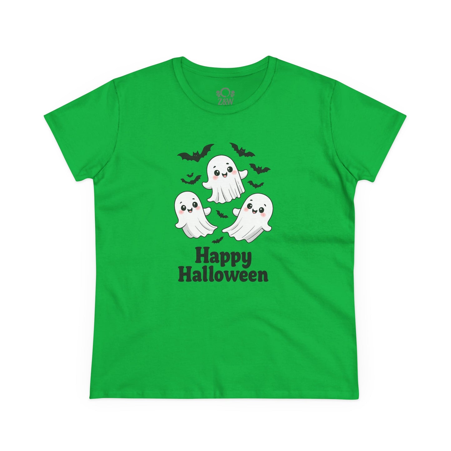 Cute Halloween Ghost T-Shirt for Kids & Adults in bright green color, showcasing three cheerful ghosts. Ideal for Halloween festivities, made from soft cotton fabric.