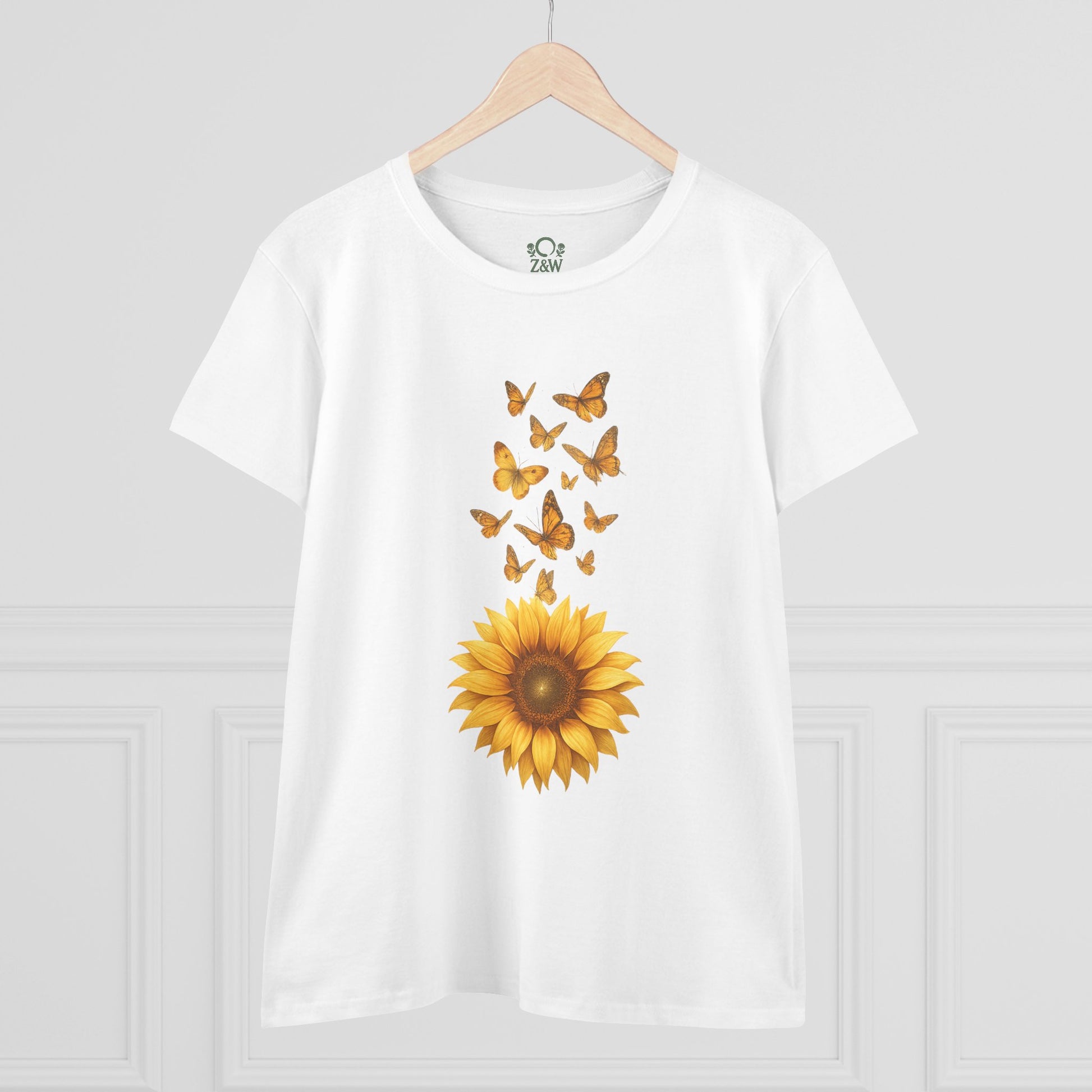 Front view of the Sunflower & Butterflies Cotton Tee for Women, featuring vibrant sunflower and butterfly graphics, perfect for a stylish summer look.