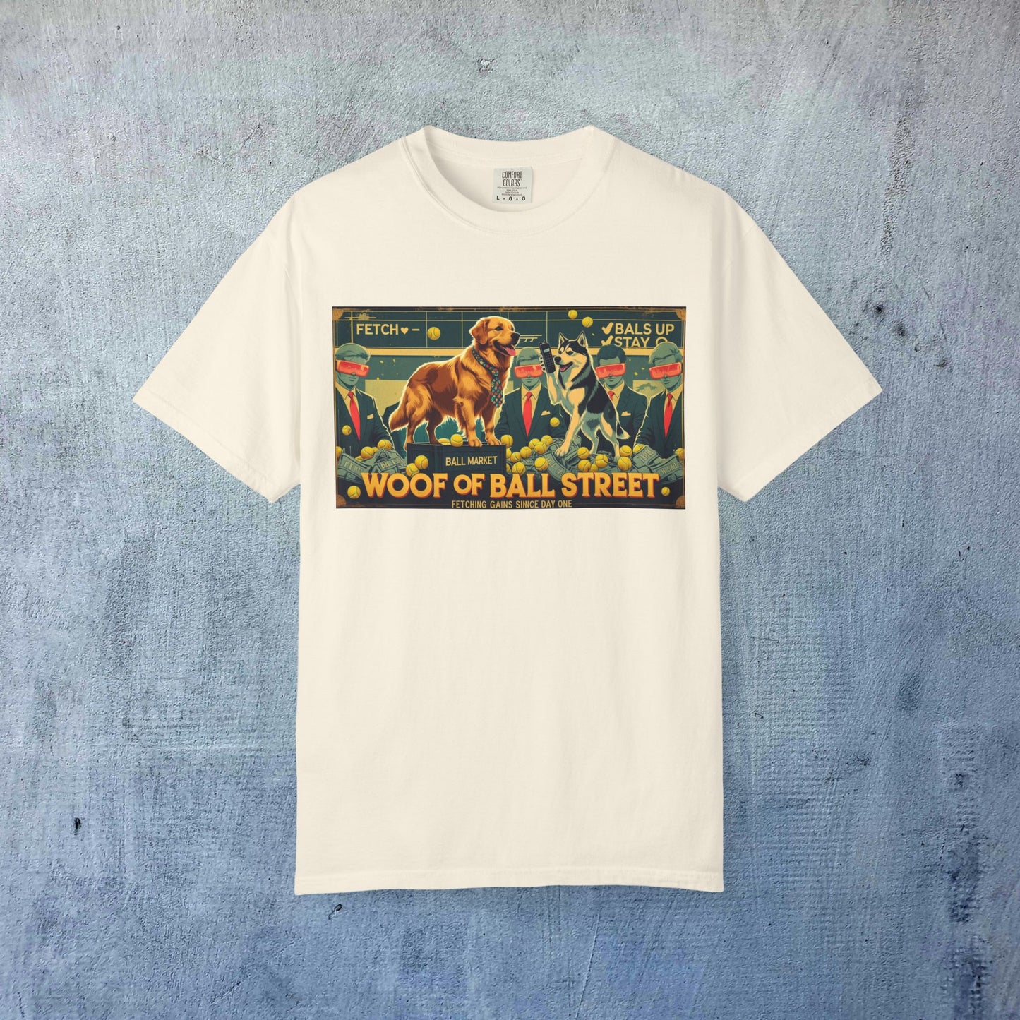 Sleek Woof of Ball Street T-Shirt in cream color featuring playful dog and cat graphics, ideal for pet lovers.