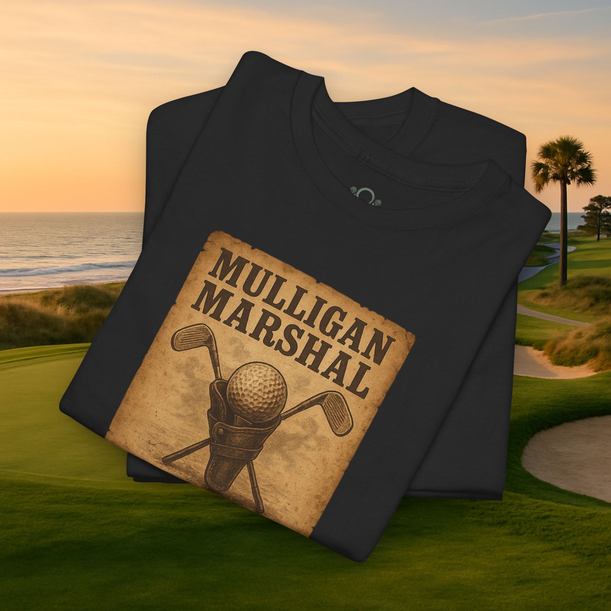 Funny Mulligan Marshal Wanted Golf Tee Shirt stacked design showing the unique graphic, ideal for golf enthusiasts during summer.