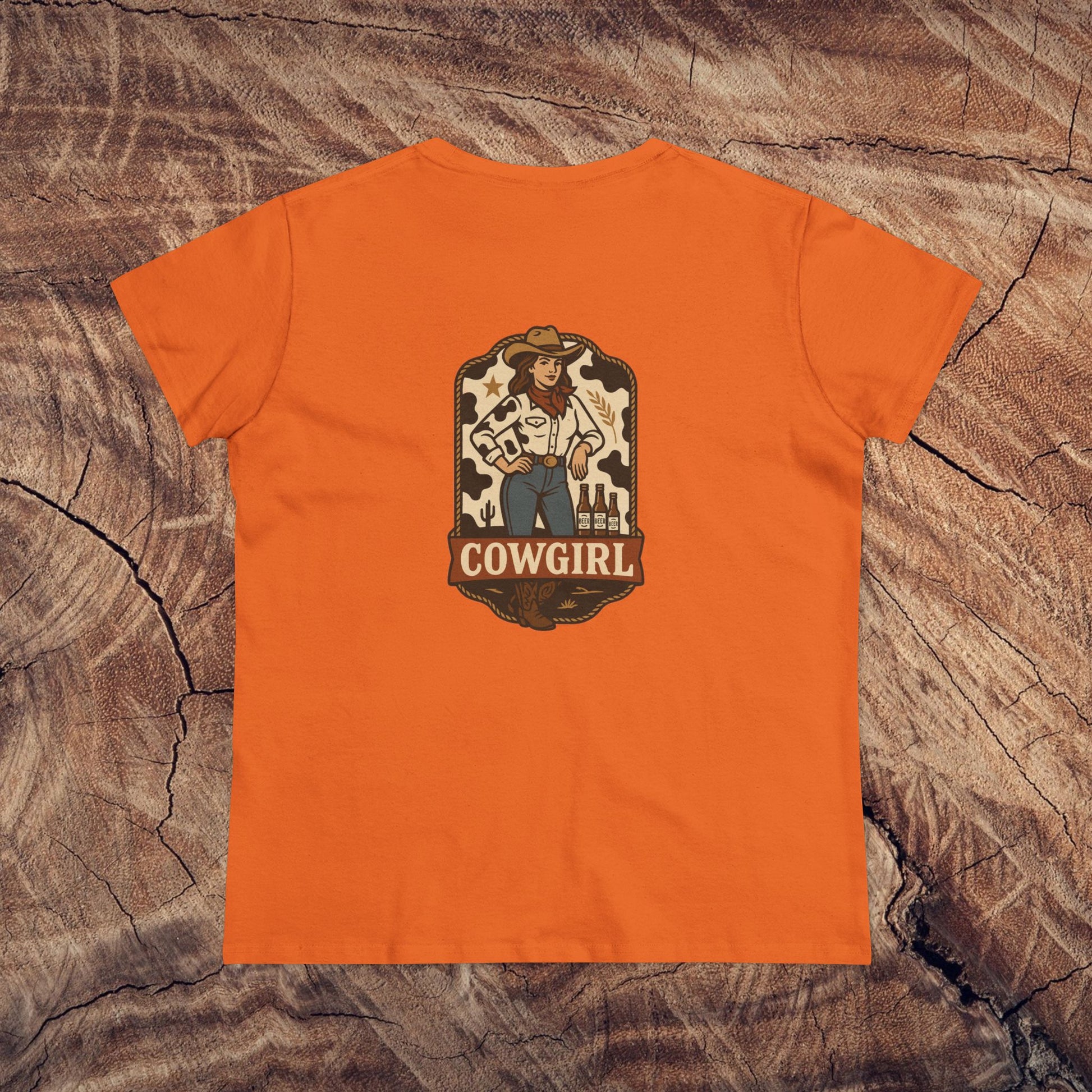 Back view of Country Roots Cowgirl Tee in vibrant orange featuring a playful Cowgirl graphic, perfect for adding flair to any wardrobe.