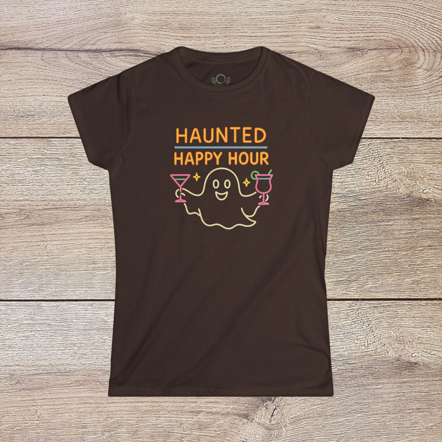 Haunted Happy Hour T-Shirt in brown color, showcasing a fun ghost design with drinks, ideal for Halloween gatherings and unisex casual wear.