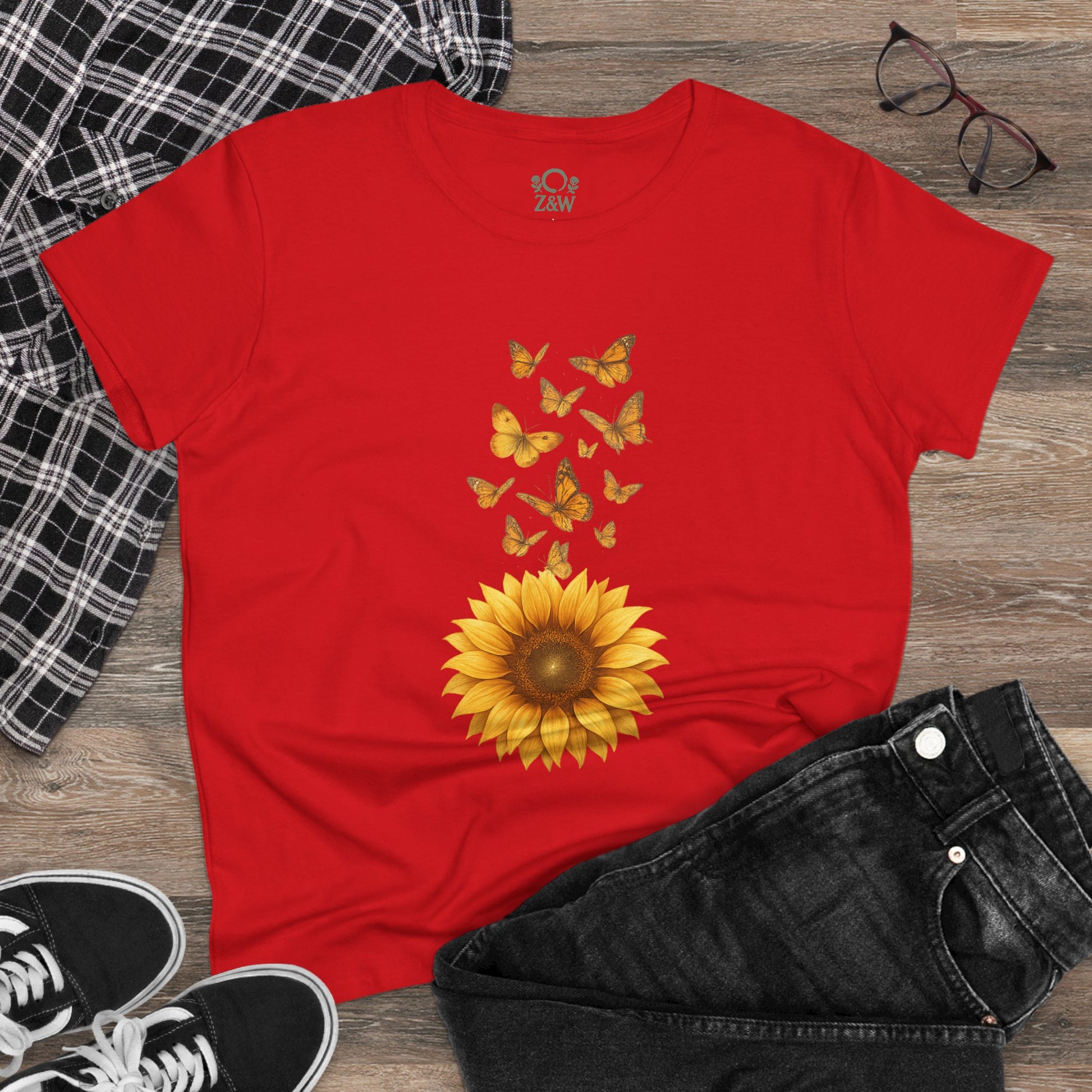 Sunflower & Butterflies Cotton Tee for Women - Front view of a red cotton tee displaying a beautiful sunflower and butterfly design, crafted for breathability and everyday wear.