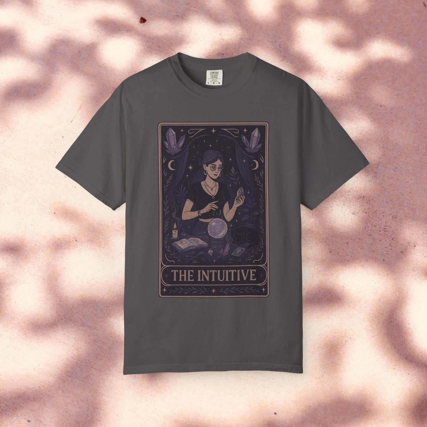 Intuitive Tarot Tee featuring a mystical design, printed on a premium 100% cotton t-shirt in dark grey, available in sizes S-4XL. Ideal for tarot enthusiasts.