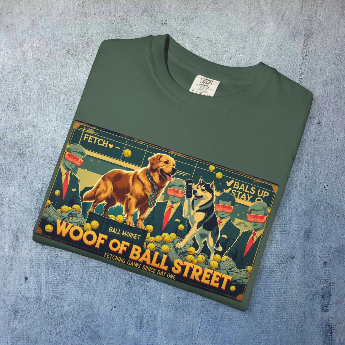 Sleek Woof of Ball Street T-Shirt displayed flat, highlighting playful dog graphics and quality fabric.