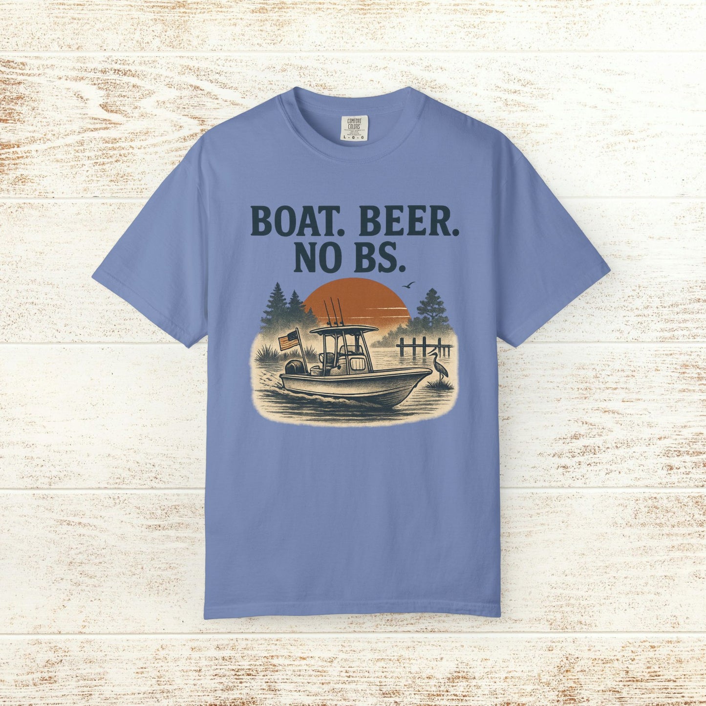 Boat Beer No BS Tee in pastel blue with an eye-catching fishing boat and sunset design, ideal for those who love the water and leisure activities.
