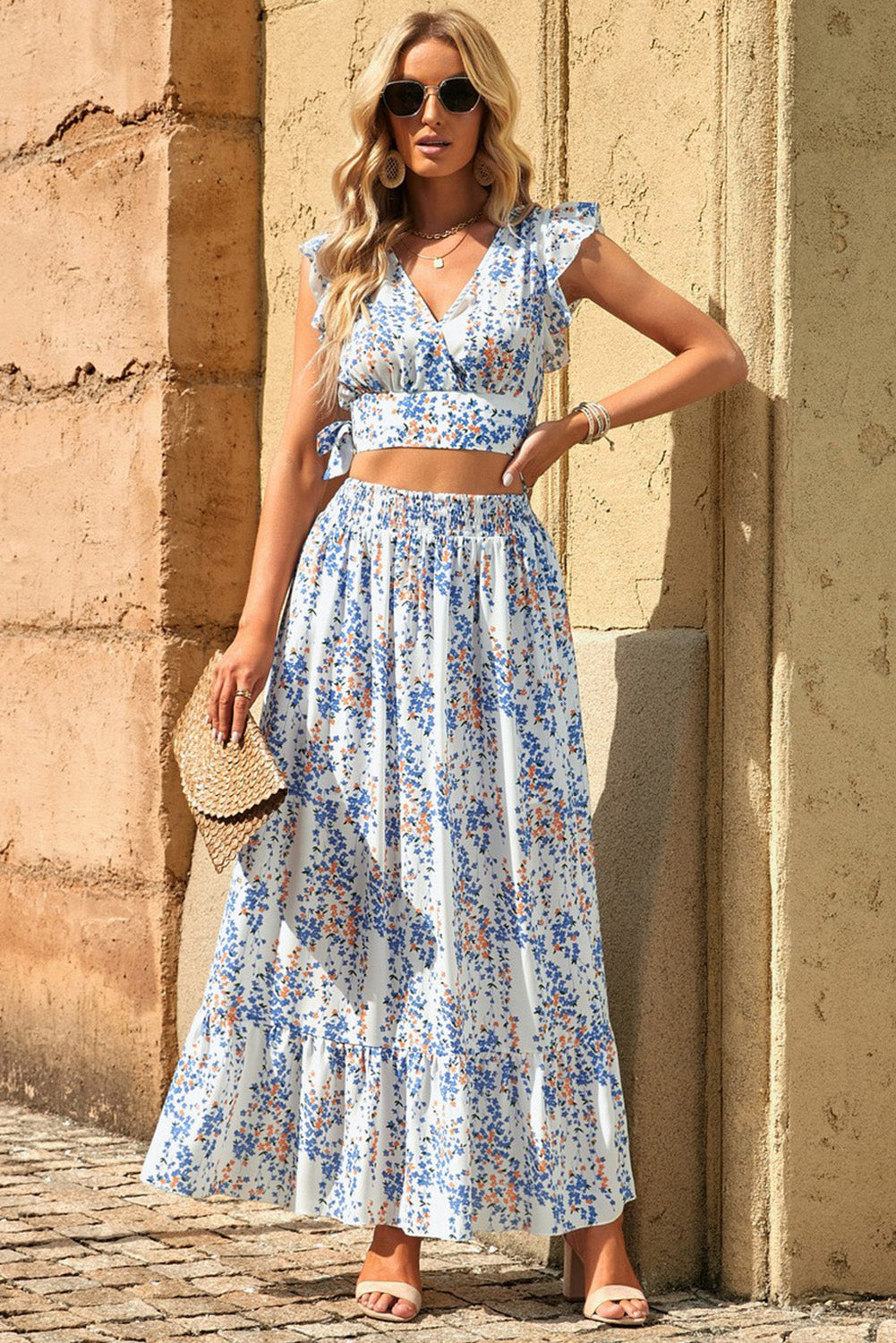 Floral Print Tie-Back Cropped Top & Maxi Skirt Set - Chic Summer Outfit featuring a light blue floral print, perfect for sunny days out.
