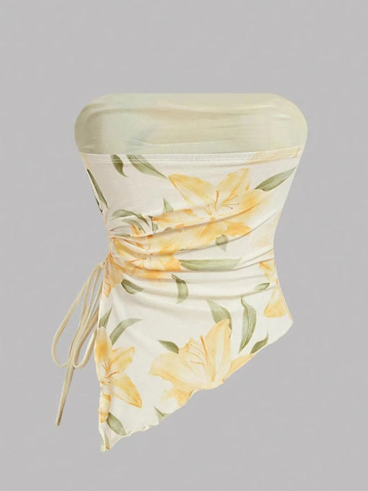 Trendsi Asymmetrical Drawstring Printed Tube Top showcasing a unique asymmetrical cut with light floral print, perfect for stylish women's outfits with a comfortable fit.