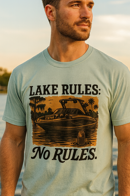 Unisex Garment-Dyed Lake Rules Tee featuring a classic boat design, perfect for outdoor enthusiasts and lake lovers.