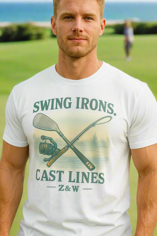 Man wearing the Swing Irons Cast Lines T-Shirt, a soft 100% cotton tee featuring a vintage fishing design, ideally suited for outdoor enthusiasts. Available in sizes S to 4XL.
