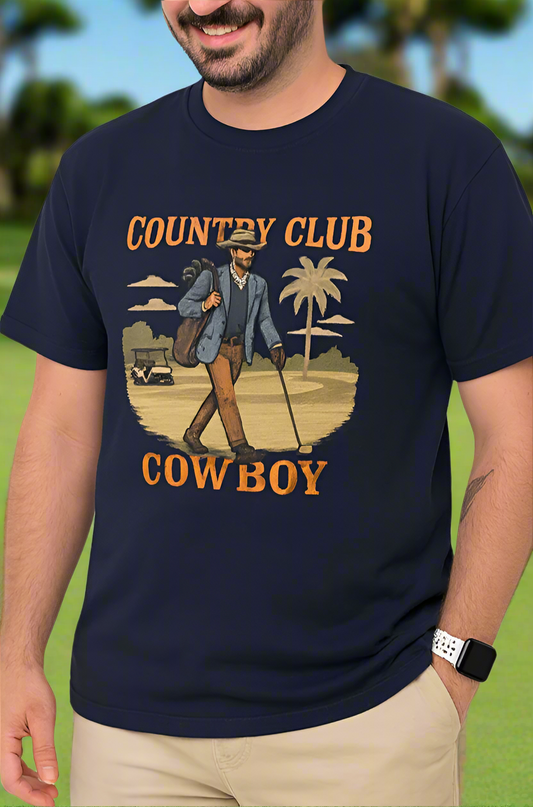 Country Club Cowboy Graphic Tee modeled by a man outdoors, featuring vibrant colors and a unique design, perfect for casual wear.