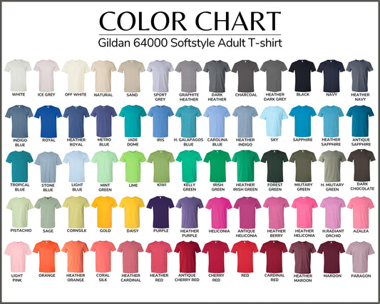 Color chart for Gildan 64000 Softstyle Adult T-shirt displaying a variety of vibrant colors to choose from for your Funny Halloween Unisex T-Shirt, 'Par For The Curse.'