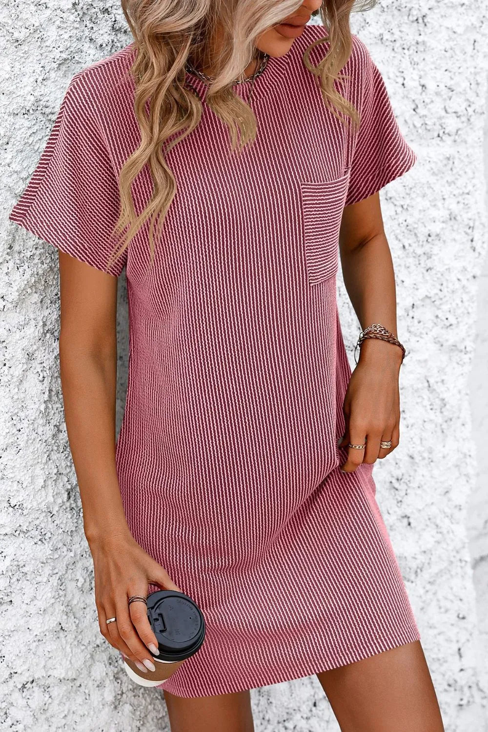 Mandy Ribbed Striped Mini Tee Dress with Pockets in pink, short sleeve design with a front pocket, made from opaque stretchy material perfect for a laid-back style.