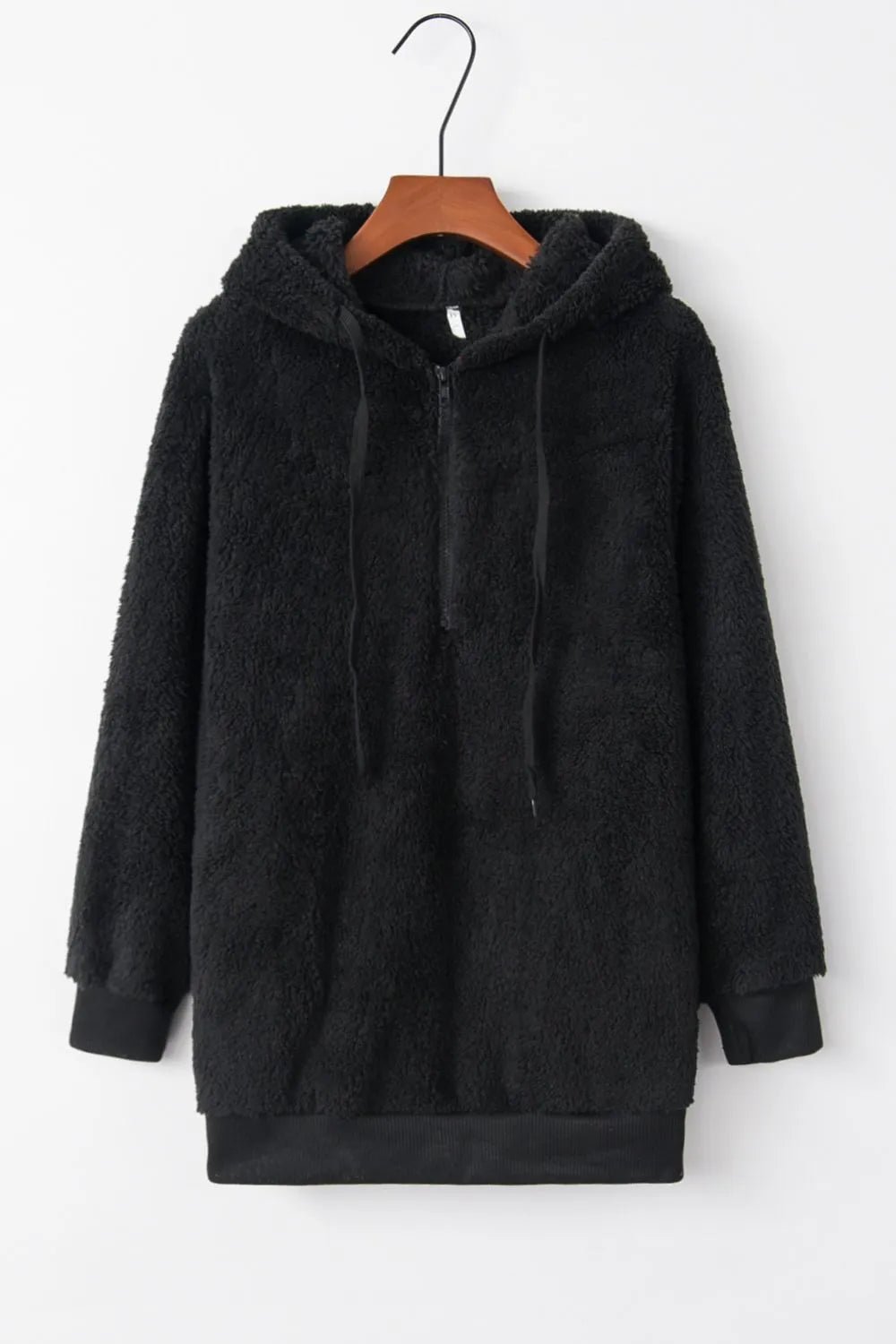 Cozy Full Size Teddy Hoodie with Quarter-Zip and Drawstring in black, featuring a plush texture and simple design, ideal for layering and keeping warm.