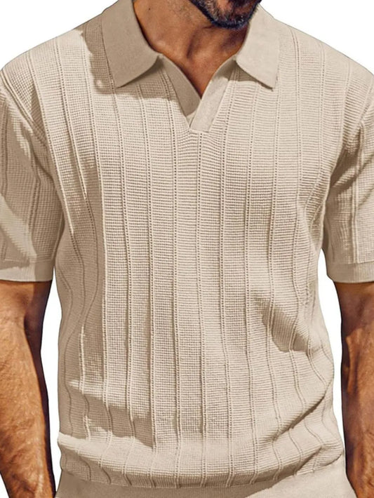 Close-up of Men's Plus Size Short Sleeve Polo with Textured Collared Neck in beige - 100% Polyester, Slightly Stretchy, featuring a stylish textured design.