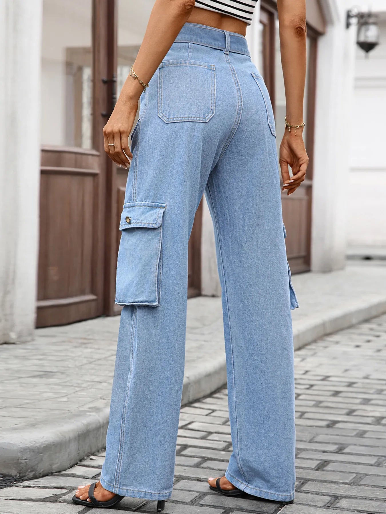 Back view of High-Waisted Multi-Pocket Cargo Jeans featuring a comfortable high-waisted style and functional cargo pockets.