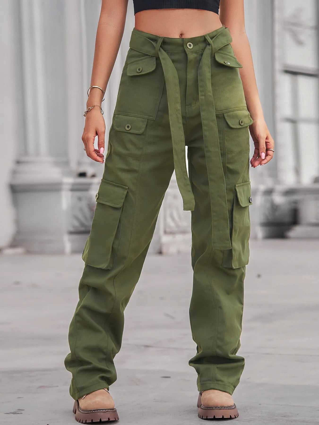 High-Waisted Multi-Pocket Cargo Jeans in olive green, featuring a belted waist and front pockets, perfect for a trendy outfit.