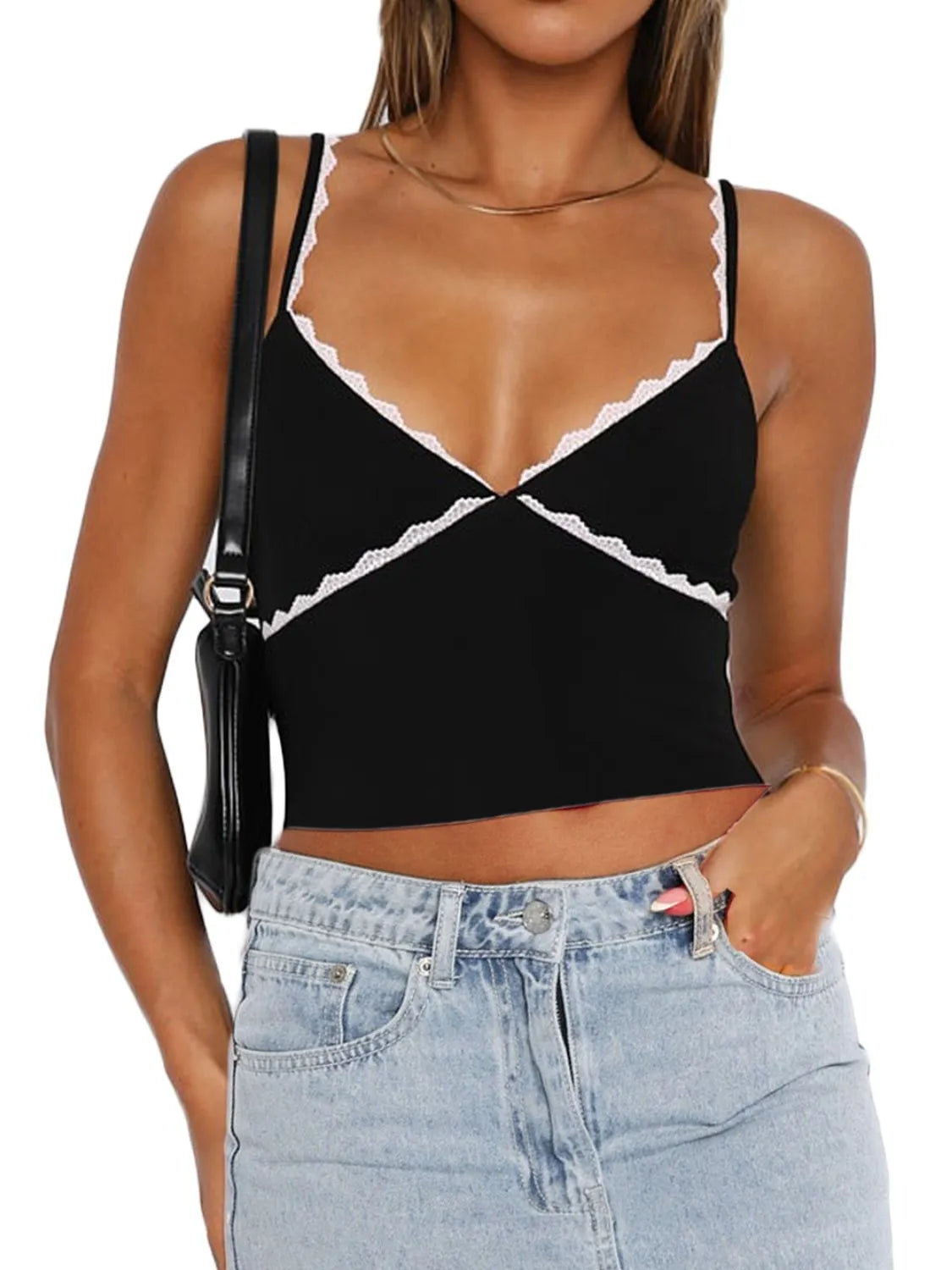 Lace Detail Contrast Trim Cami Top - Soft Stretch Cotton Blend, Machine Washable, Imported, displayed on a model wearing black with lace detailing on straps.