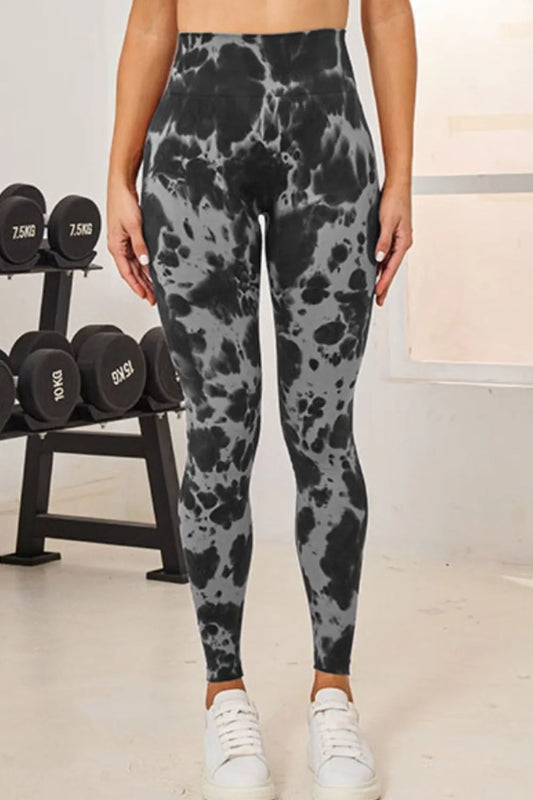 Slightly Stretchy Tie-Dye High Waist Active Leggings featuring a striking black and gray tie-dye pattern, crafted from 90% nylon and 10% spandex, perfect for workouts or casual wear.
