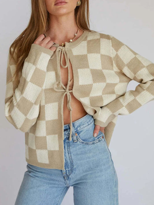Checkered Tie-Front Cropped Cardigan for Women, featuring a stylish cream and beige checkered pattern, slightly stretchy 100% polyester fabric. Perfect for a trendy casual look.