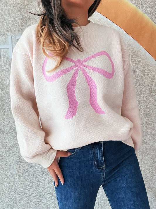 Stylish Bow Pattern Casual Long Sleeve Sweater for Effortless Everyday Wear, showcasing a soft pink hue and a bow pattern, ideal for casual outings.
