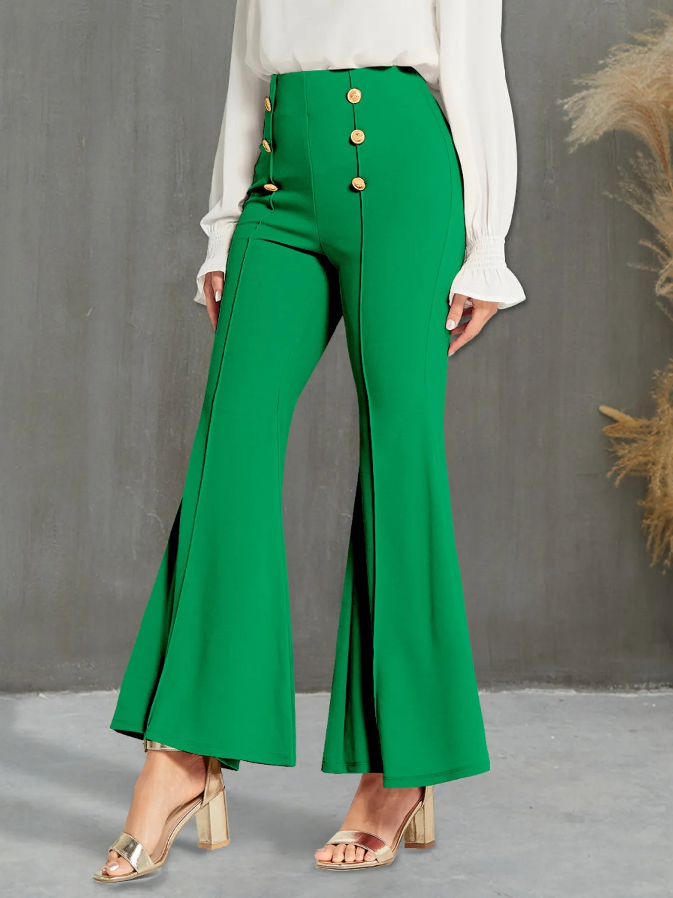 Stylish High Waisted Flare Pants with Decorative Buttons - Front view in vibrant green color, showcasing the flattering flare style, made of 95% Polyester & 5% Spandex.