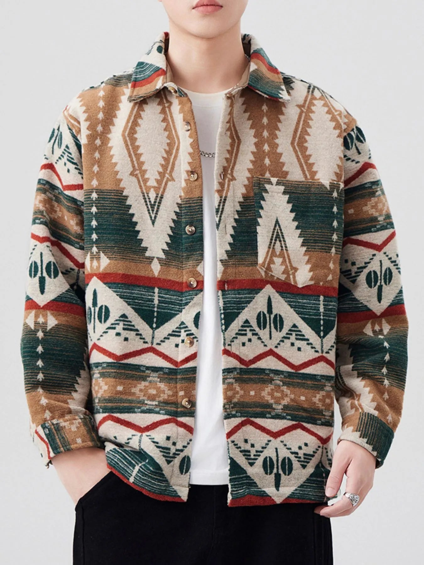 Men's Plus Size Button Down Shirt with Pocket - Oversized, 68% Cotton, No Stretch; front view emphasizing the eye-catching tribal pattern and comfortable fit.