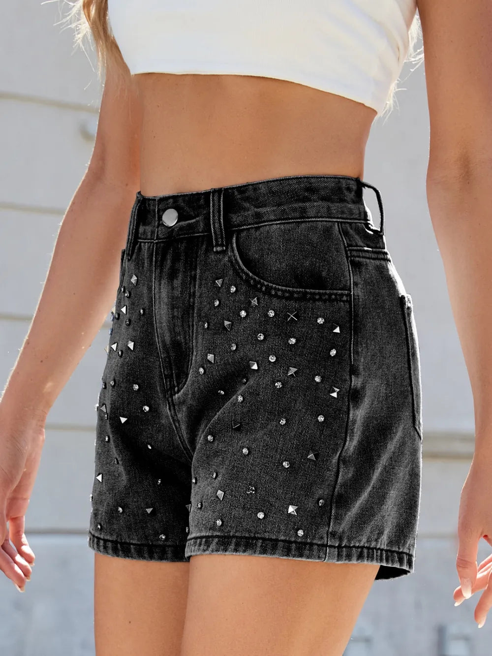 Side angle of Rhinestone Washed High Waist Denim Shorts, emphasizing the modern design and flattering silhouette, ideal for trendy summer wear.